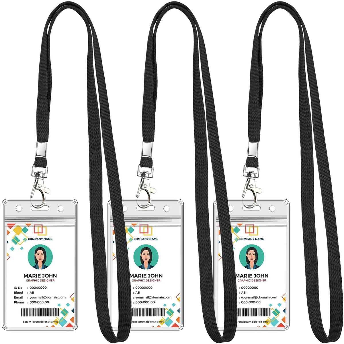 3er-Pack Klare Ausweishalter mit Lanyard, schwarze Umhängebänder mit vertikalem wasserdichtem Ausweishalter für Büro, Schule, Reisen