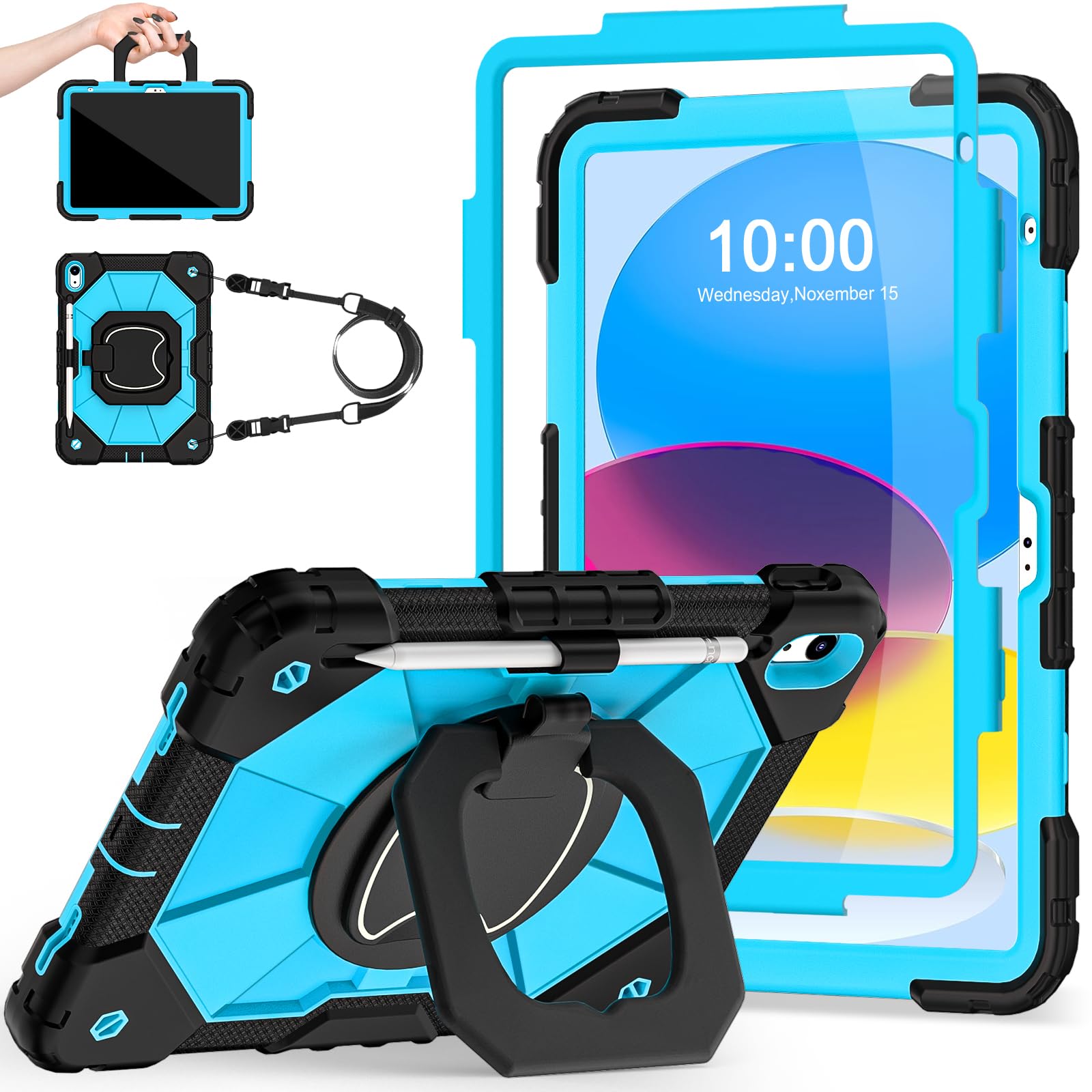 Auizotl Case for iPad 10th Generation 10.9 Inch with Screen Protector/360ÃÂ° Rotating Stand/Shoulder Strap/Pencil Holder,Military Grade Shockproof iPad Case 10th Generation 2022 (A2696/A2757/A2777)