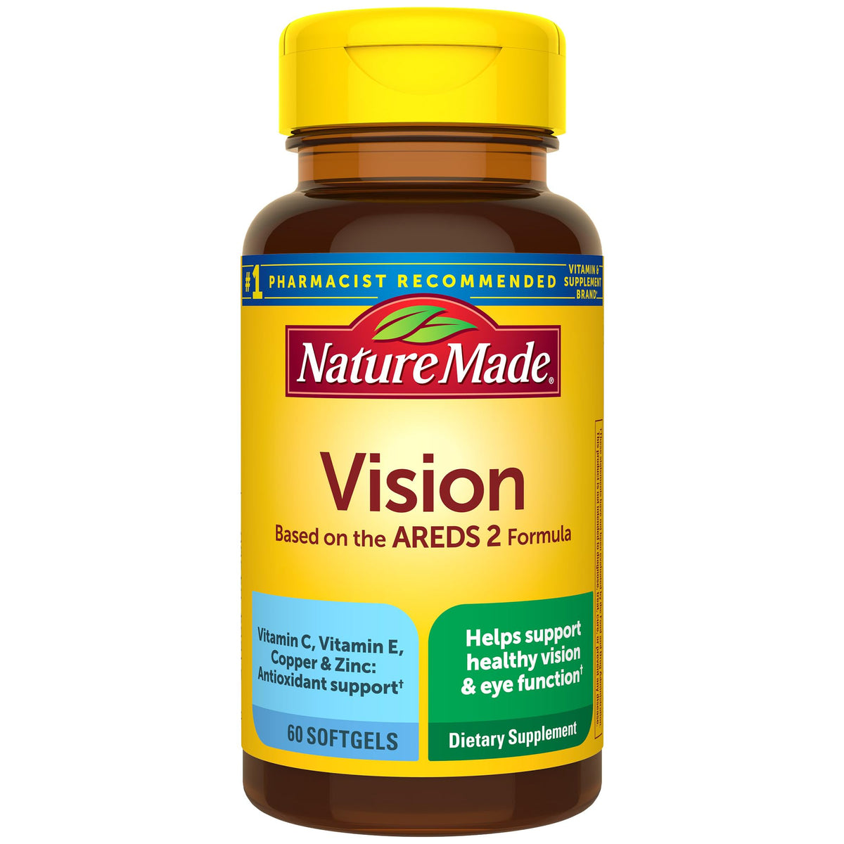 Nature Made Vision تركيبة AREDS 2، فيتامينات للعين مع اللوتين والزياكسانثين، وفيتامين ج، وفيتامين هـ، والزنك والنحاس لدعم صحة الرؤية ووظيفة العين، 60 كبسولة هلامية، إمداد لمدة 30 يومًا