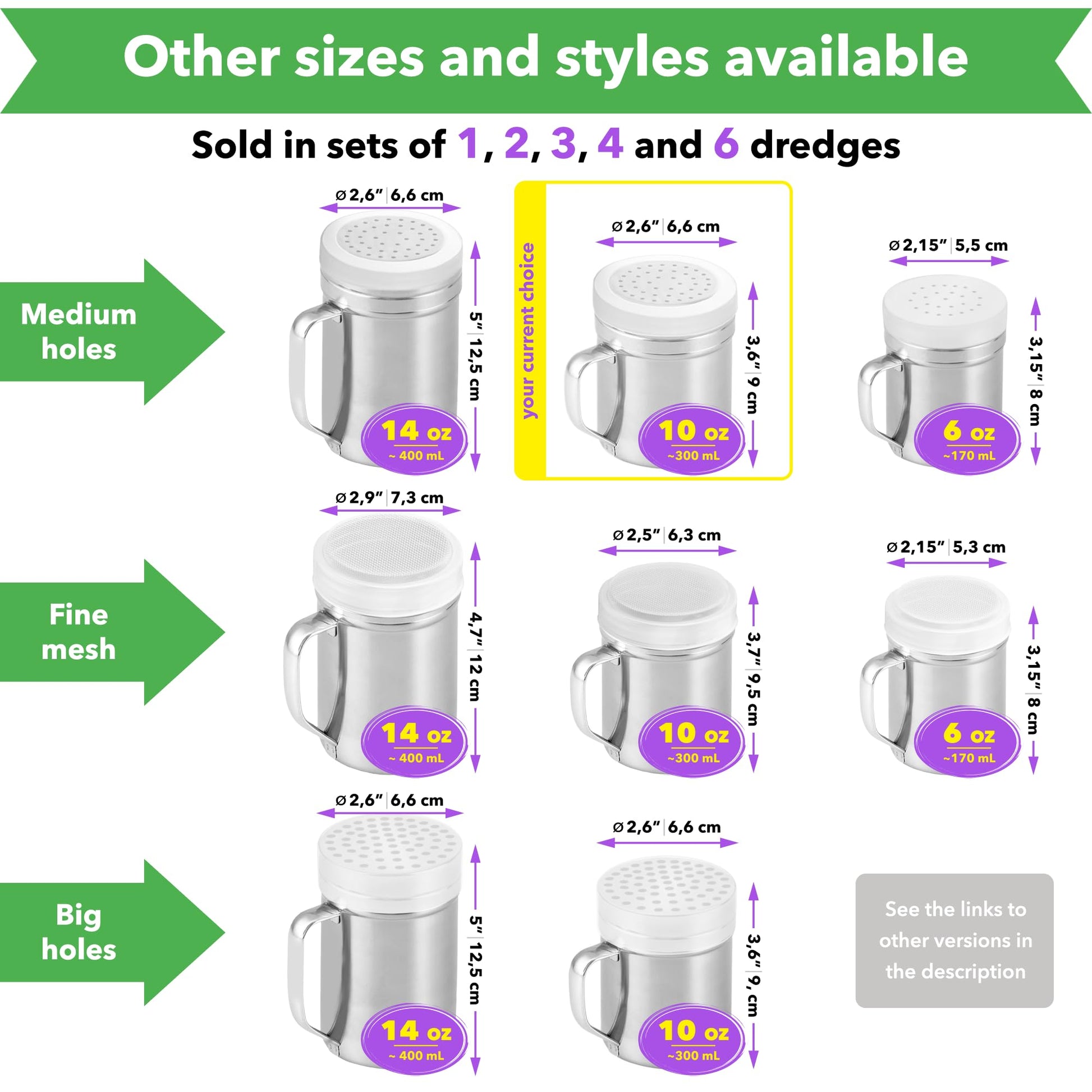 CUSINIUM Metal Salt Pepper Dredge Shakers - With Handle - Seasonings Spice Shakers With Holes and Lids - 10 Ounce, 2pcs | Style: Medium