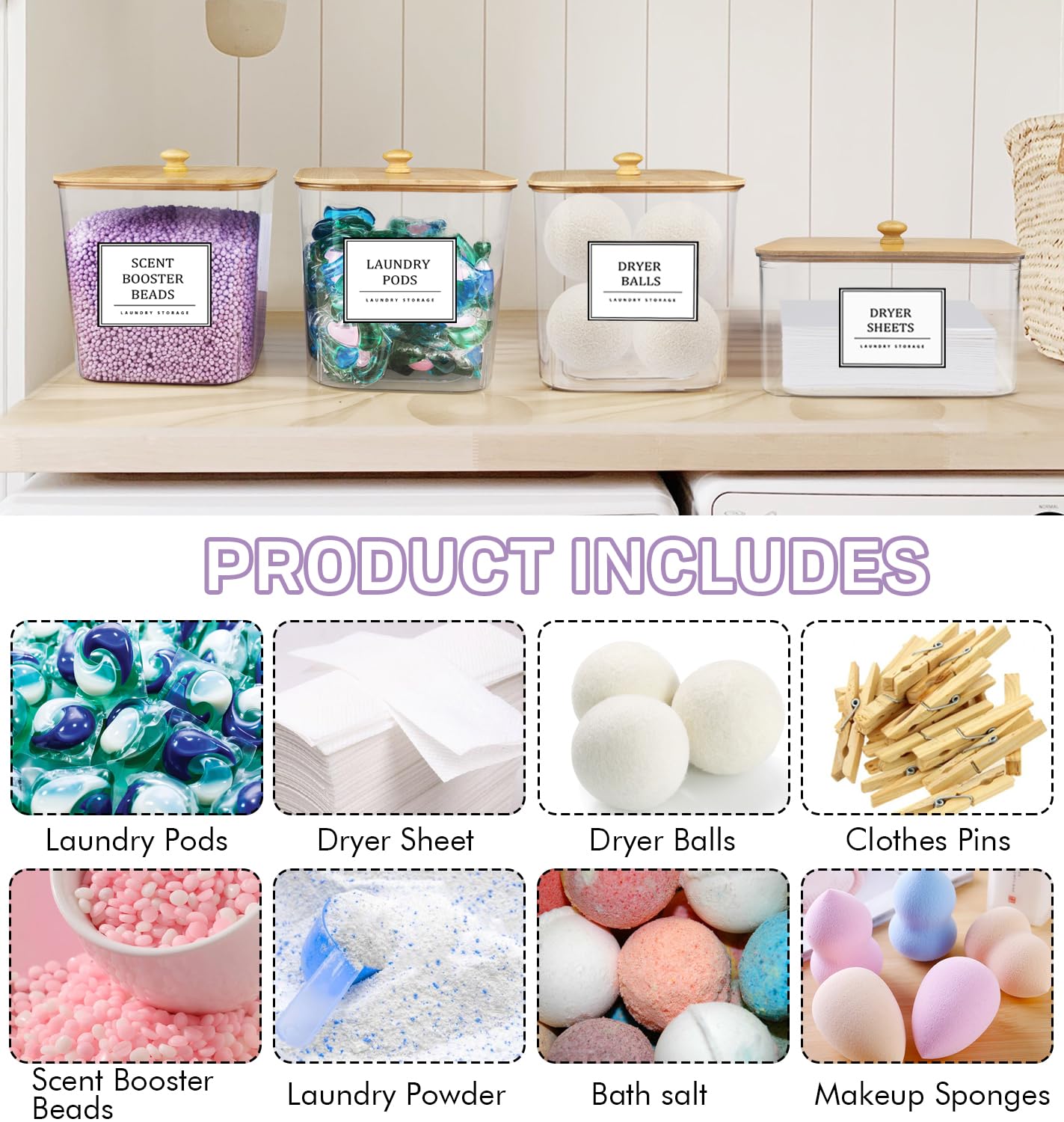 3+1 Pack Laundry Pods Container,Clear Laundry Room Organization Containers,Large Laundry Detergent Powder Storage Containers with Wooden Lids & Labels,Laundry Pods Holder for Scent Booster,Powder,Pods