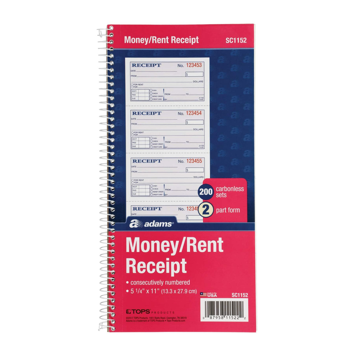 Adams Money and Rent Receipt Book, 2-Part Carbonless, 5-1/4 x 11, Spiral Bound, 200 Sets per Book, 4 Receipts per Page (SC1152)
