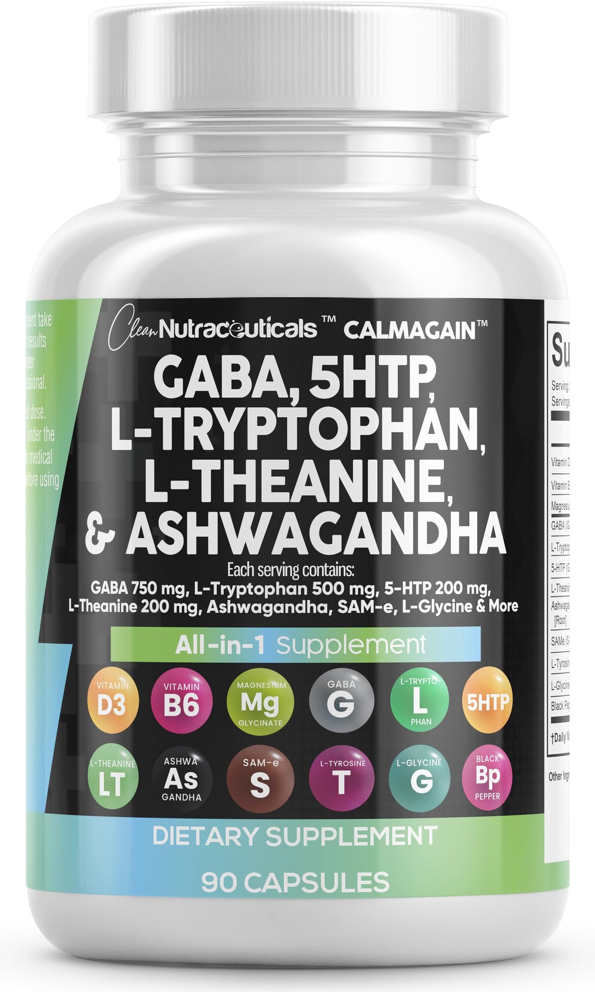 Clean Nutraceuticals GABA 750mg و5 HTP 200mg وL Tryptophan 500mg وL Theanine 200mg وAshwagandha وSAM-e وL-Glycine - فيتامينات دعم المزاج للنساء والرجال مع L-Tyrosine و5-HTP (5-هيدروكسيتريبتوفان)