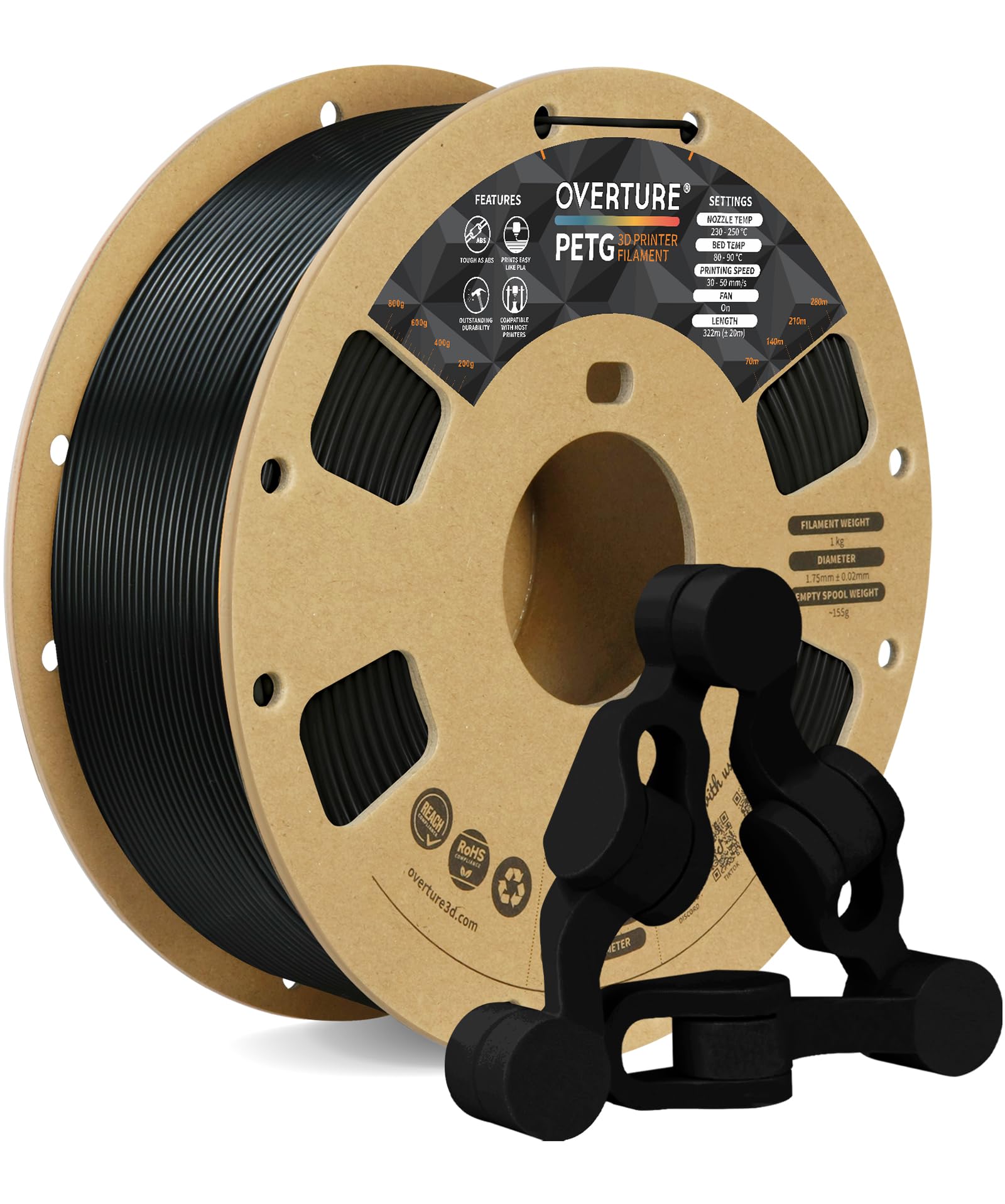 OVERTURE PETG 3D Printer Filament 1.75mm, Neatly Wound Durable PETG 1kg Spool (2.2lbs), Strong Toughness Filament, Dimensional Accuracy +/- 0.02mm, Fit Most FDM Printers (Black (1-Pack))
