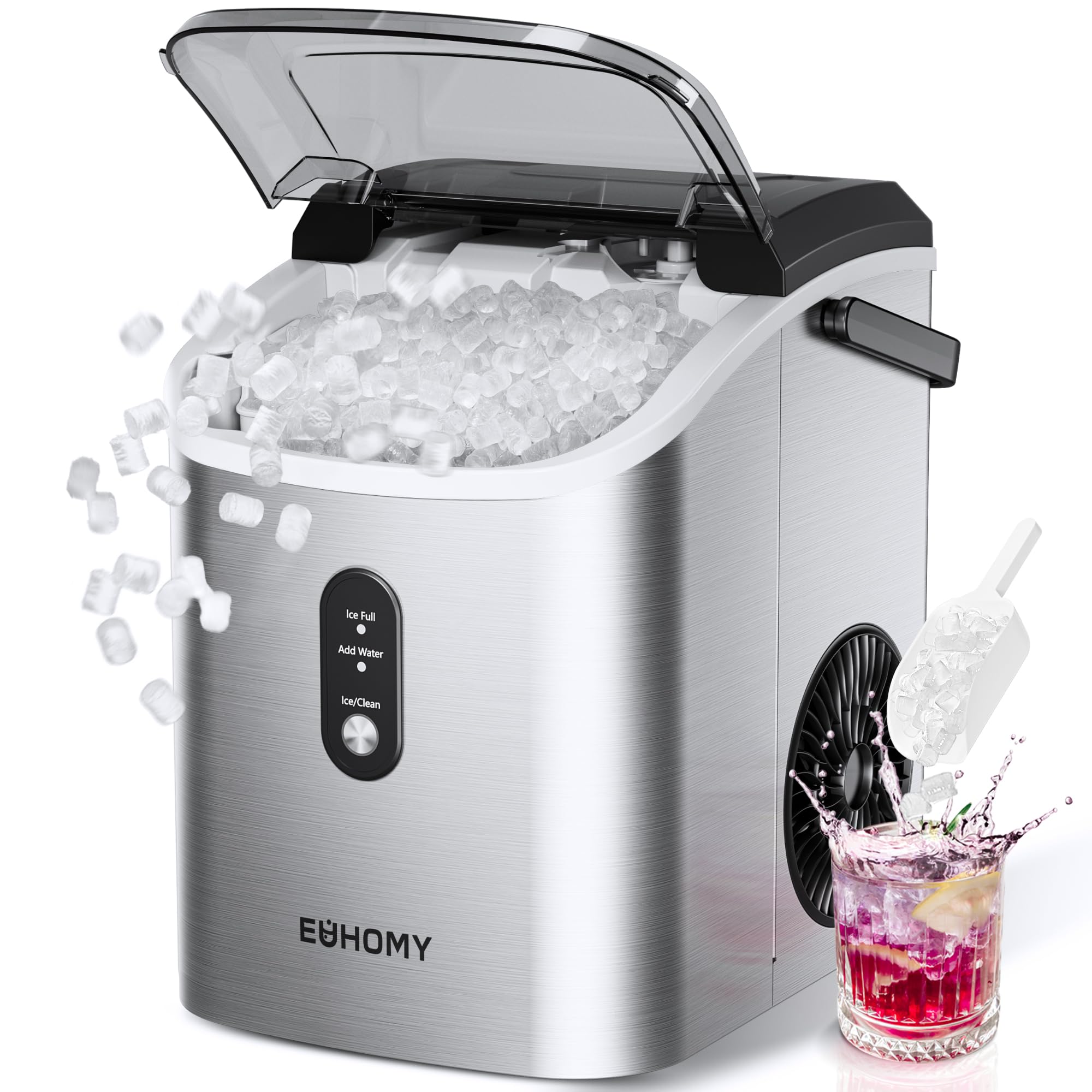 EUHOMY Ice Maker Countertop Machine - 26 lbs in 24 Hours, 9 Cubes Ready in 8 Mins, Electric Ice Maker and Compact Portable Ice Maker with Ice Scoop and Basket, Perfect for Home/Kitchen/Office(Sliver)