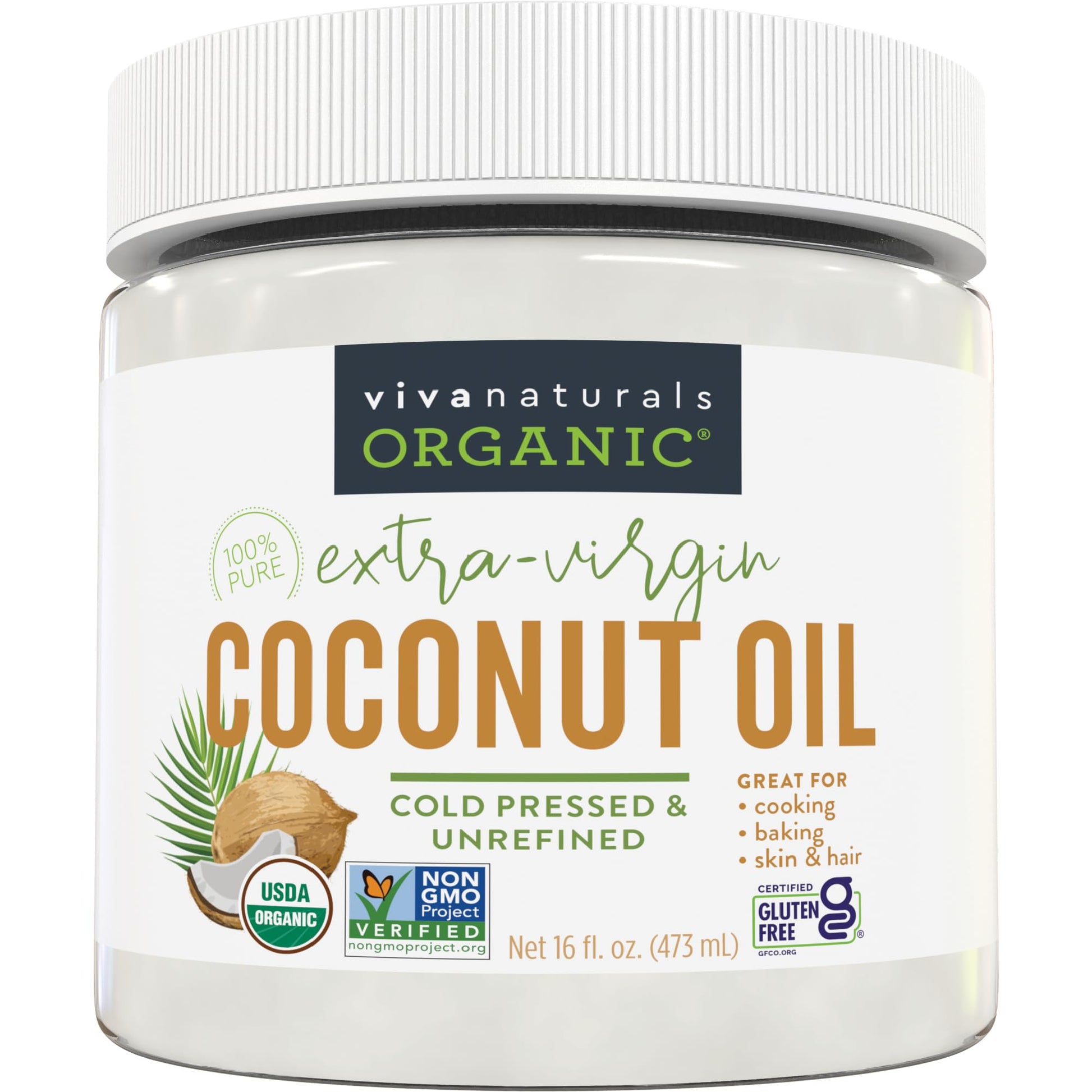 Viva Naturals Organic Coconut Oil - Unrefined, Cold-Pressed Extra Virgin Coconut Oil, USDA Organic and Non-GMO Cooking Oil, Great as Hair Oil and Skin Oil, 16 Fl Oz