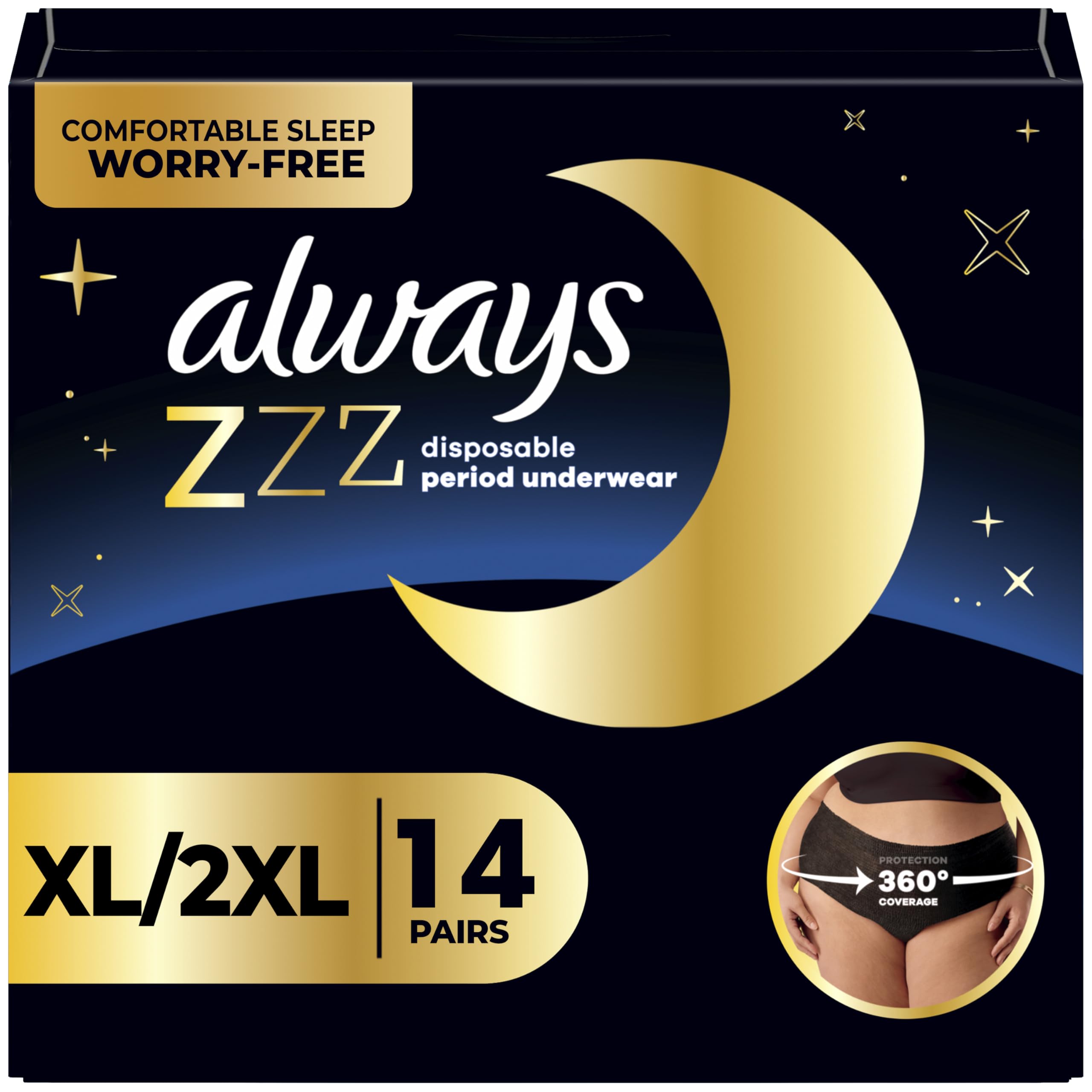 Always ZZZ Overnight Disposable Period Underwear for Women Extra Large, 360° Coverage for Worry-Free Nights, 14 Count (2 Packs of 7)
