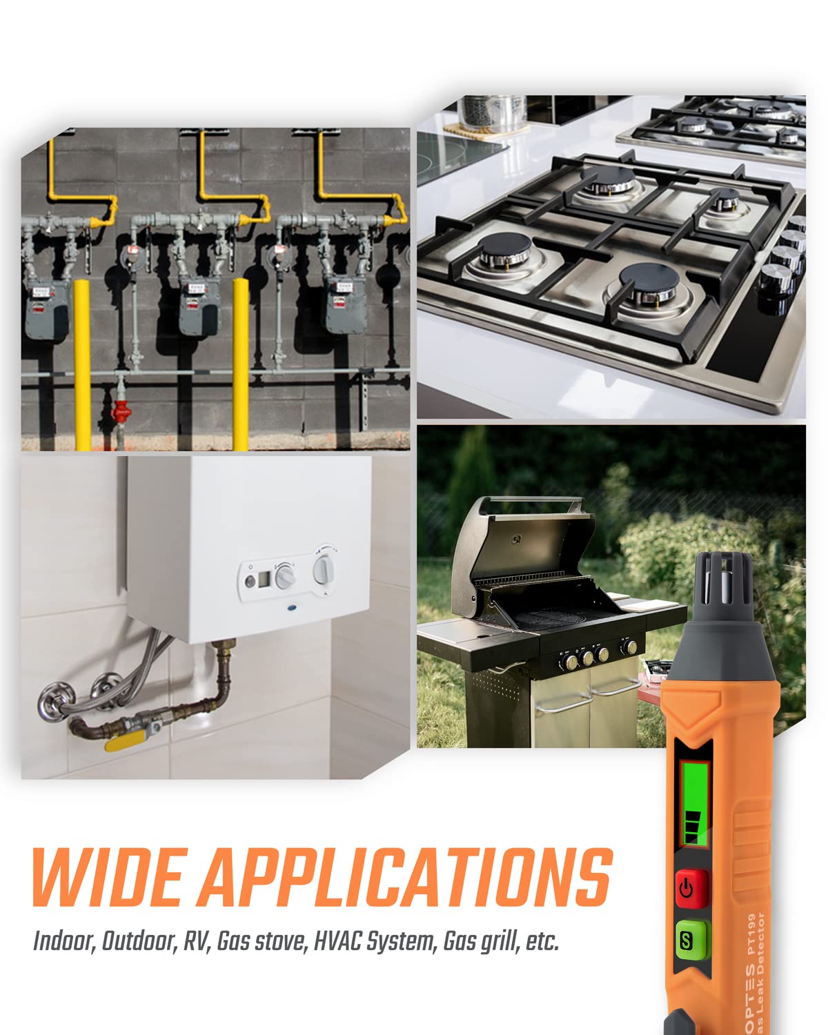 TopTes PT199 Natural Gas Leak Detector with Audible & Visual Alarm, Portable Gas Sniffer to Locate Combustible Sources Like Methane, Propane for Home(Includes Battery x2)-Orange