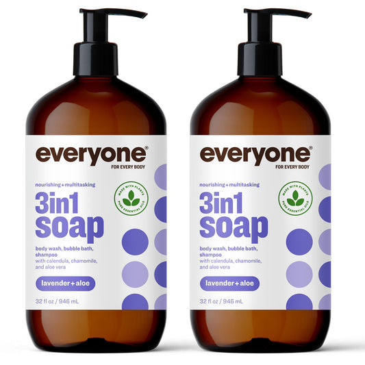 Everyone 3-in-1 Soap, Body Wash, Bubble Bath, Shampoo, 32 Ounce, Lavender and Aloe, Coconut Cleanser with Organic Plant Extracts and Pure Essential Oils (Packaging May Vary) (Pack of 2)