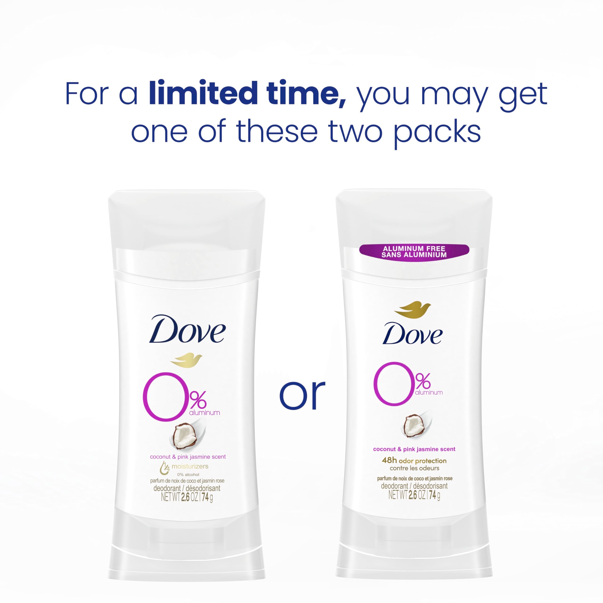 Dove Aluminum Free Deodorant for Women 24-Hour Odor Protection, Coconut and Pink Jasmine, 7.8 Oz, 3 Count