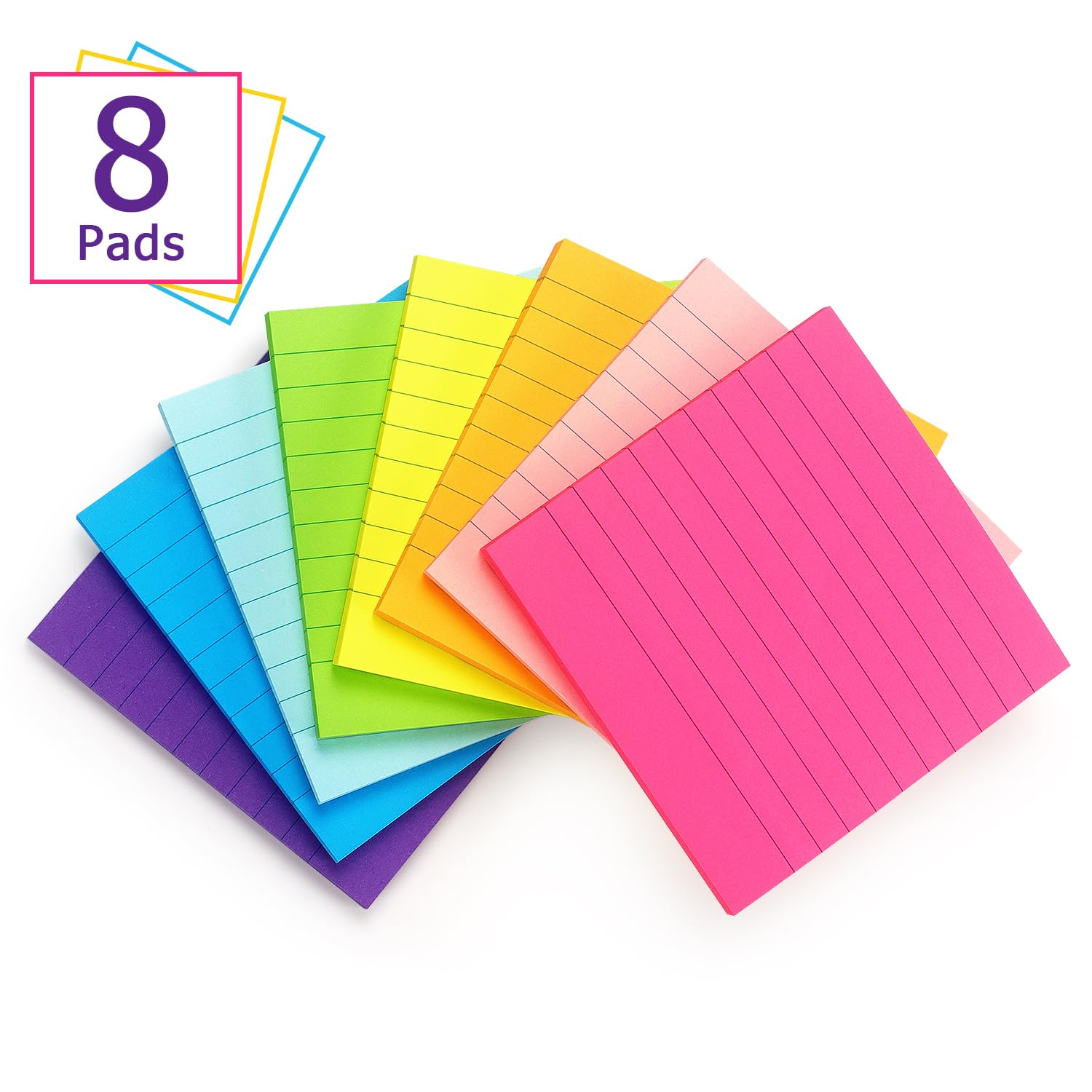 6 Pads Lined Sticky Notes 3x3 Sticky Notes with Lines Self-Stick Note Pads 6 Bright Multi Colors,100 Sheet/Pad