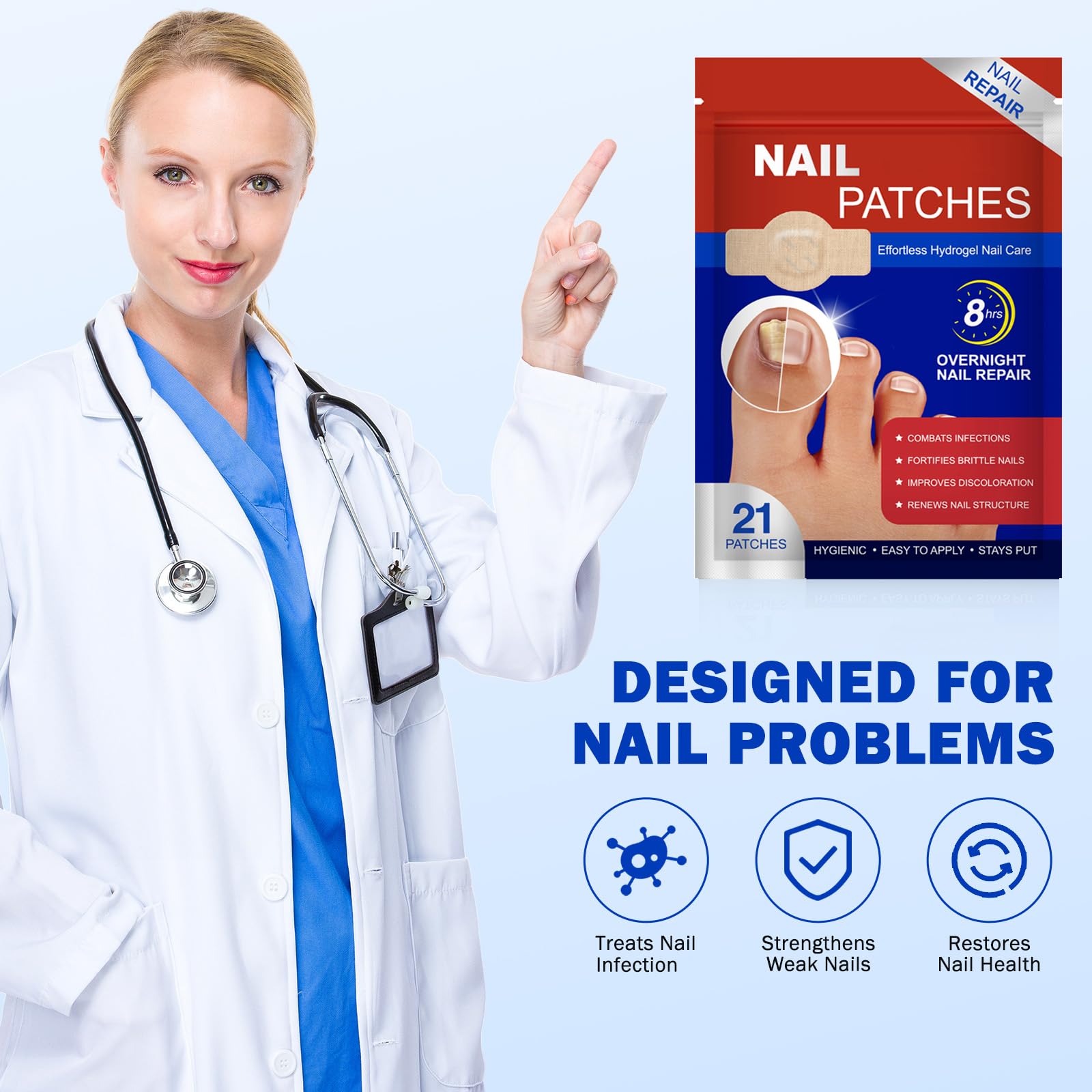 Nail Patches 21 PCS Toenail Treatment Extra Strength 8-Hour Overnight Nail Fast Acting Repair Effortless Hydrogel Nail Care and Repair for Damaged Nails Overnight Renewal for Men and Women
