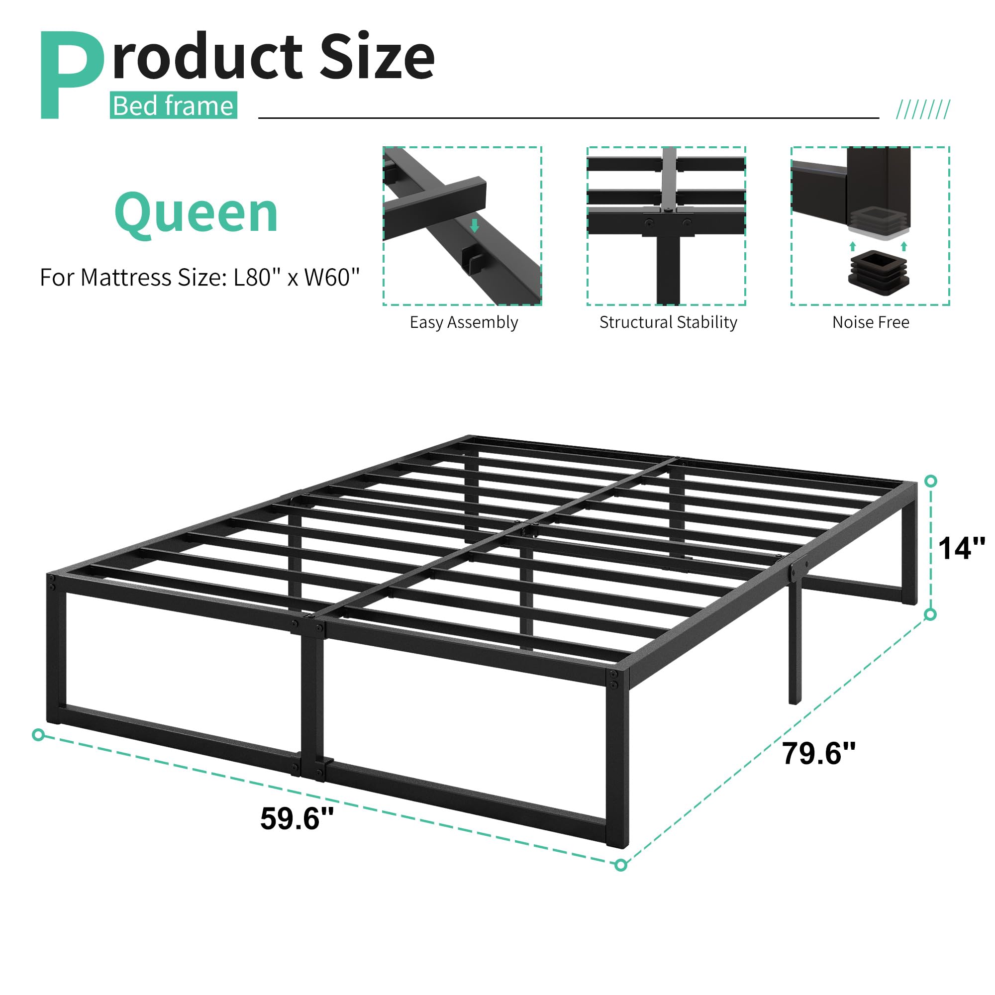Lutown-Teen 14 Inch Queen Bed Frame Heavy Duty Steel Slat Support Metal Platform Bed Frame Queen Size No Box Spring Needed, Easy Assembly, Black