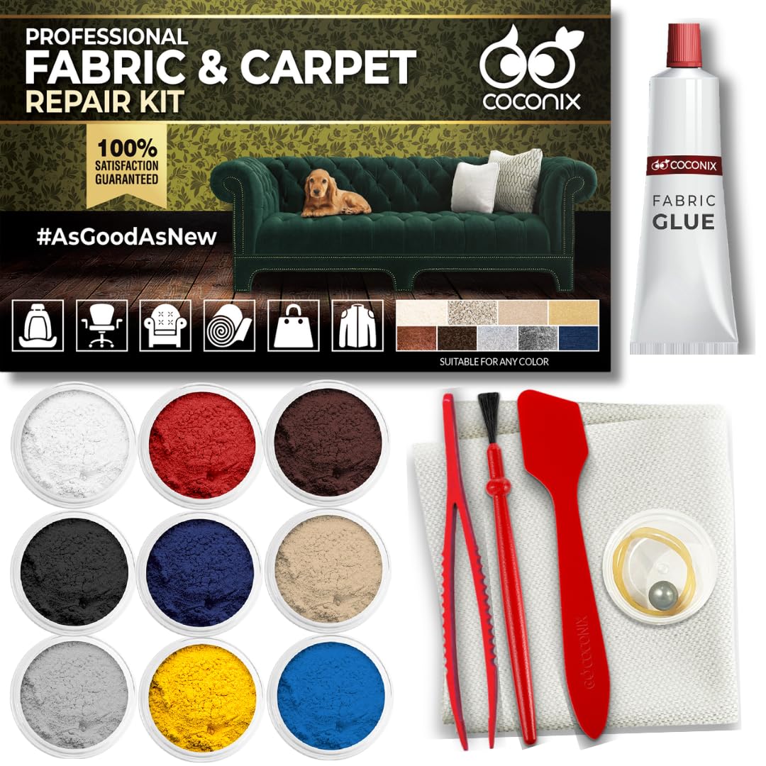 COCONIX Fabric & Carpet Repair Kit | Fix Tears, Holes, and Burns on Fabric and Carpet Upholstery, Rugs, and Clothing | Easy Application with Customizable Colors