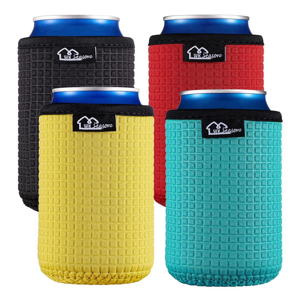 WKieason 12oz Standard Can Sleeves Insulators Sleeves Standard Can Covers 12OZ Beer Bottle Sleeves Coolers Holder Non-slip Neoprene Can Coolier Sleeves 4PC Pack (Black/Red/Yelllow/Blue)