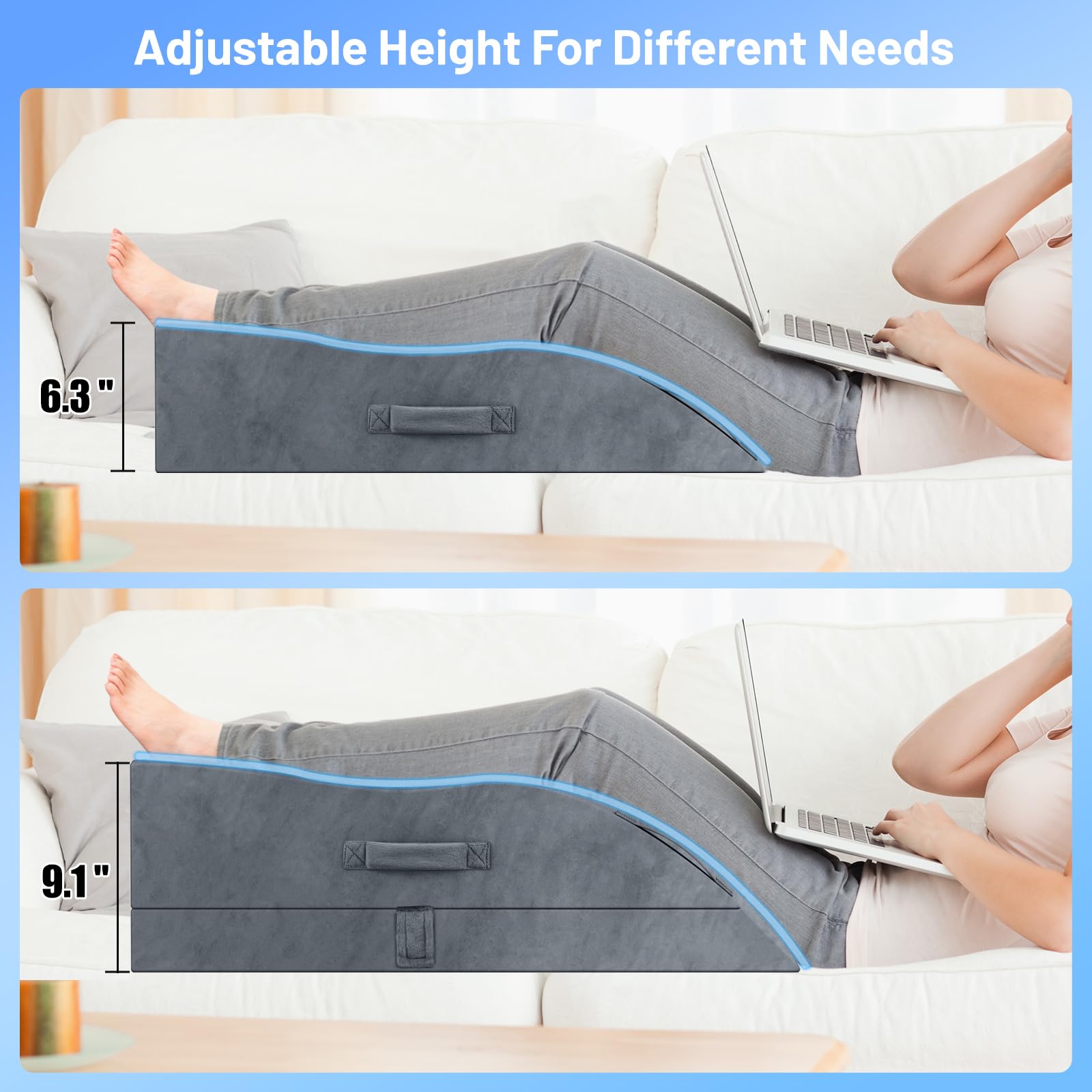 TranquilRelax Leg Elevation Pillows, Wedge Pillow for After Surgery, Memory Foam Leg Support Adjustable, Comfort Care for Back Knee Hip Ankles Pain, Knee Pillow for Sleeping Blood Circulation Grey