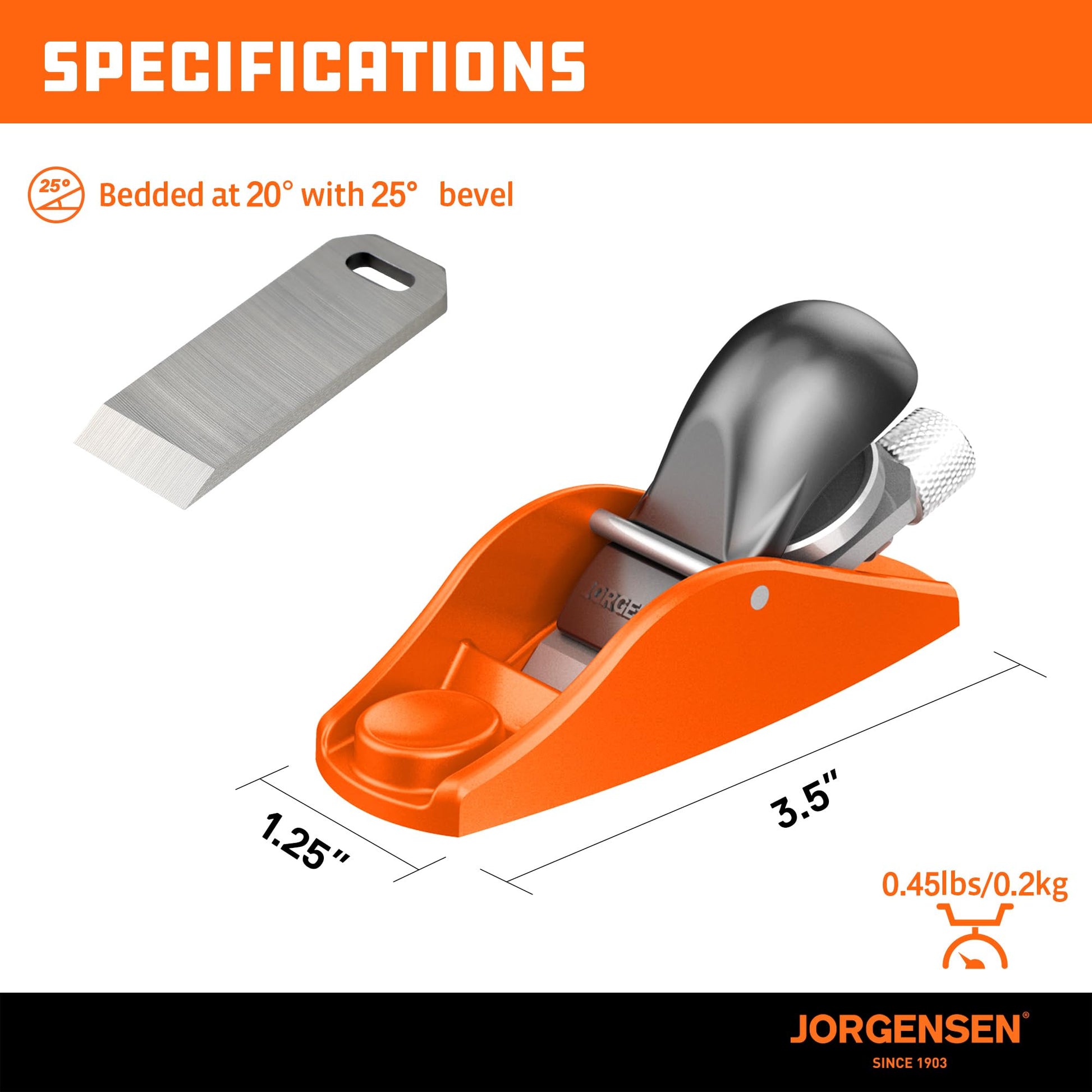 JORGENSEN 3.5" Mini Wood Planer - Mini Hand Planer for Woodworking, Block Plane, Small Hand Plane for Trimming, Wood Planing, Craft, Professional Ductile Iron Body, Adjustable Cutting Depth