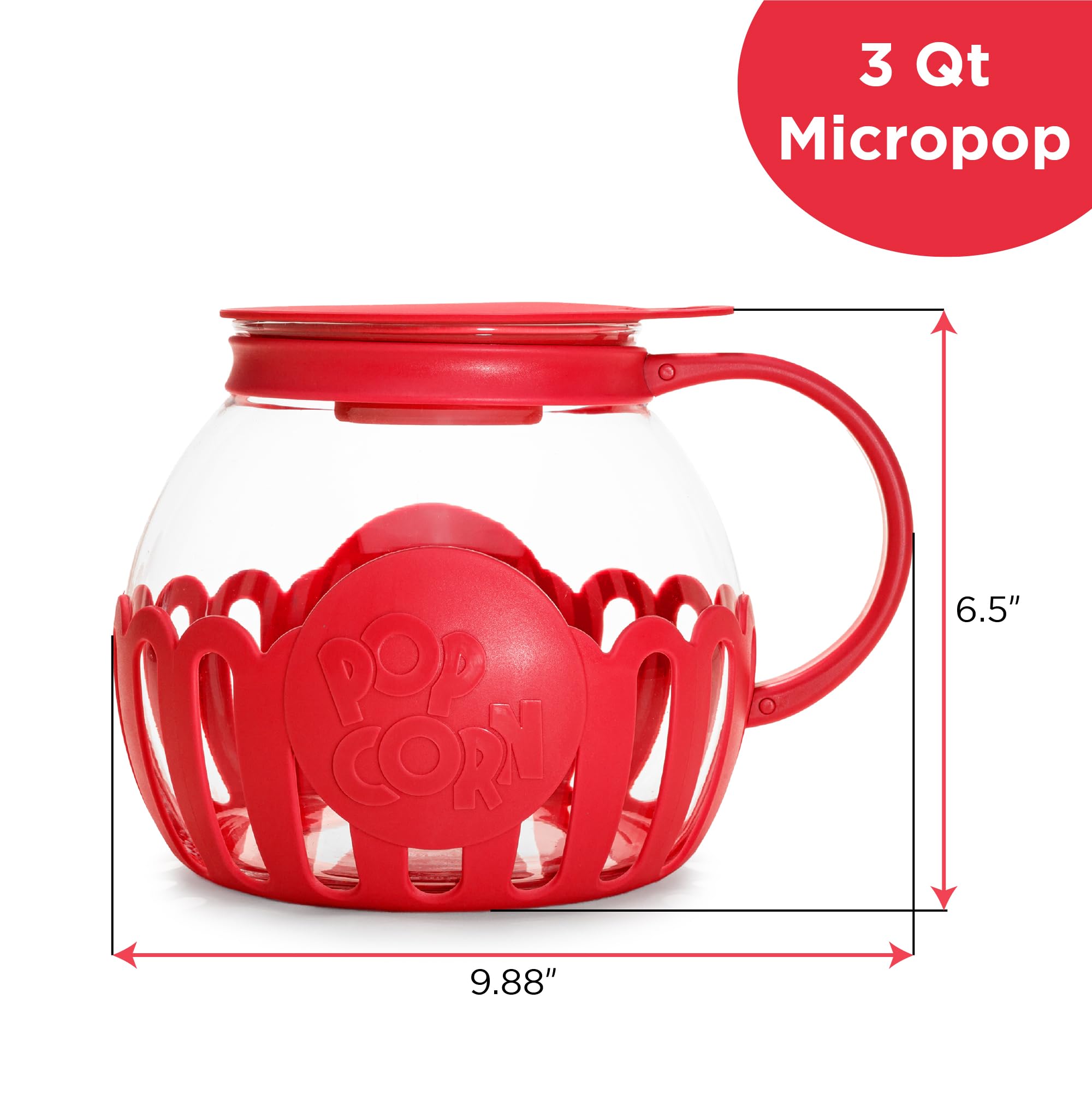 Ecolution Patented Micro-Pop Microwave Popcorn Popper with Temperature Safe Glass, 3-in-1 Lid Measures Kernels and Melts Butter, Made Without BPA, Dishwasher Safe, 3-Quart, Red