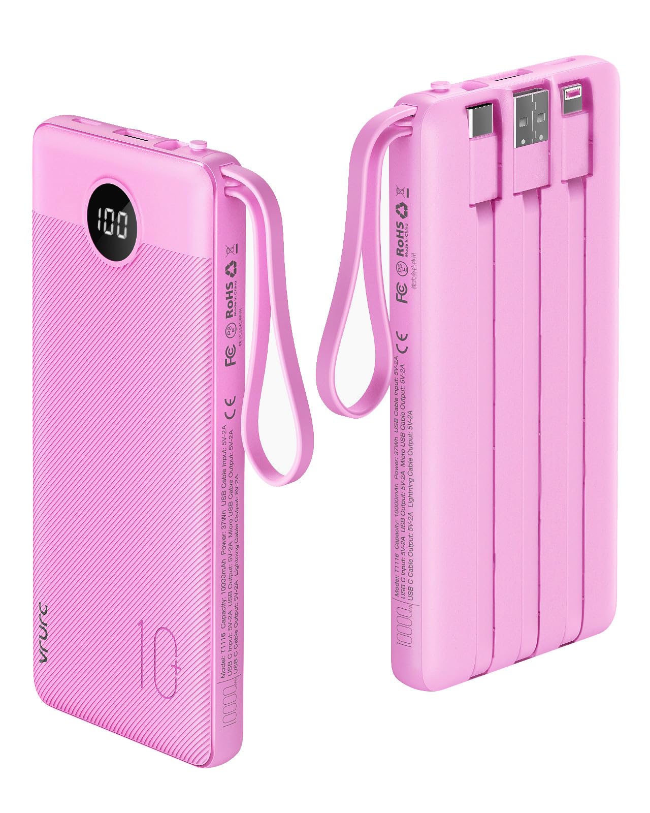 VRURC Portable Charger 10000mAh, Slim LED Display Power Bank, 5 Output 2 Input Cell Phone Battery Pack, Built-in Micro & USB C Cables Phone Charger Compatible with iPhone,Samsung,Android-Pink(1 Pack)