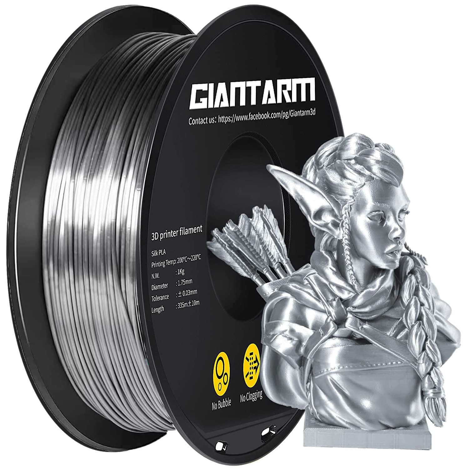 GIANTARM Silk Metallic Silver PLA 3D Printer Filament 1kg Spool, 1.75mm Dimensional Accuracy +/-0.03mm, 1080 Feet per Roll, Vacuum Packaging