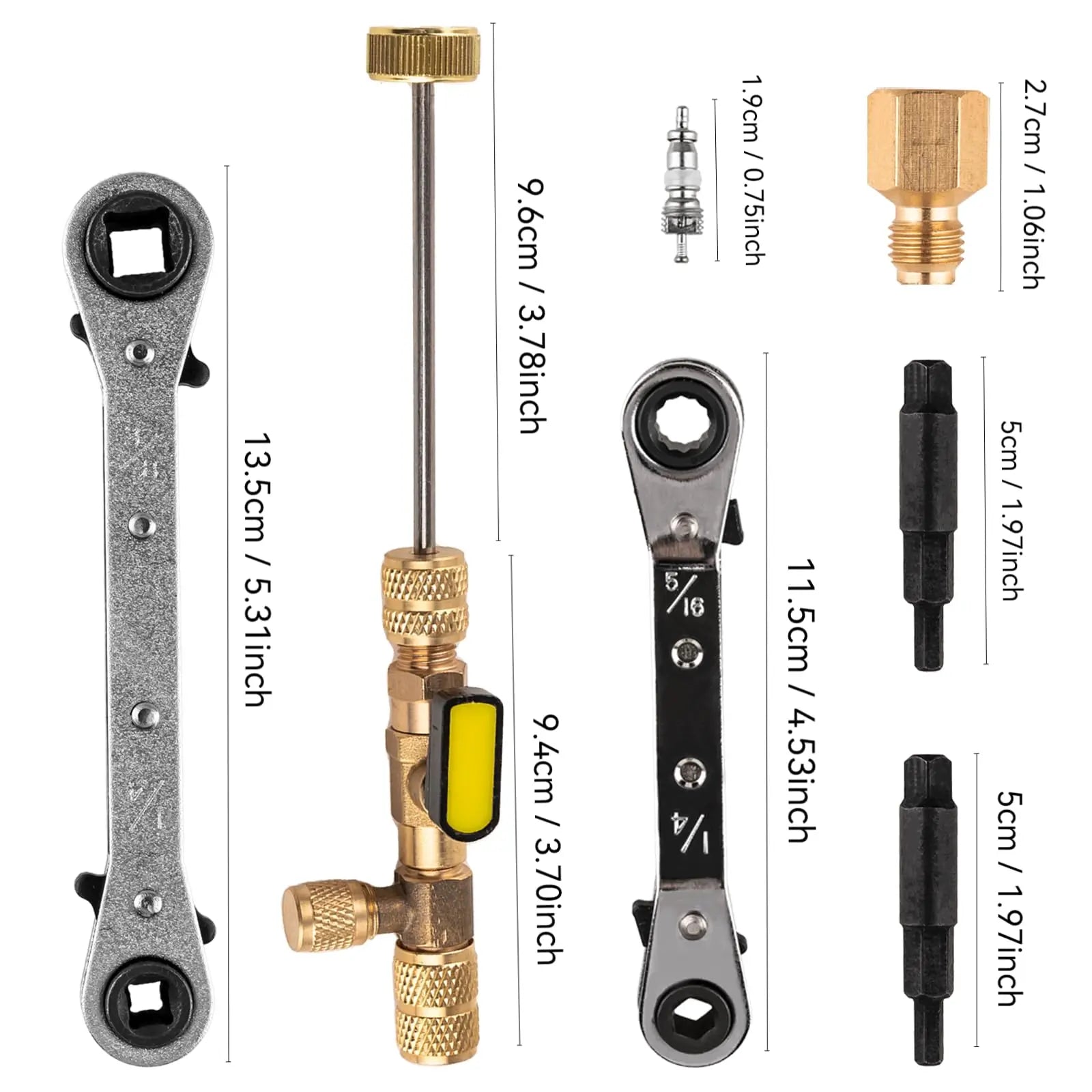 jiouxip Valve Core Remover Installer Tool and HVAC Service Wrench Set with Hex Bit Adapters, Dual Size SAE 1/4 to 5/16 Port, 5/16'', 3/8'' Refrigeration Service Wrench, 10 Valve Core
