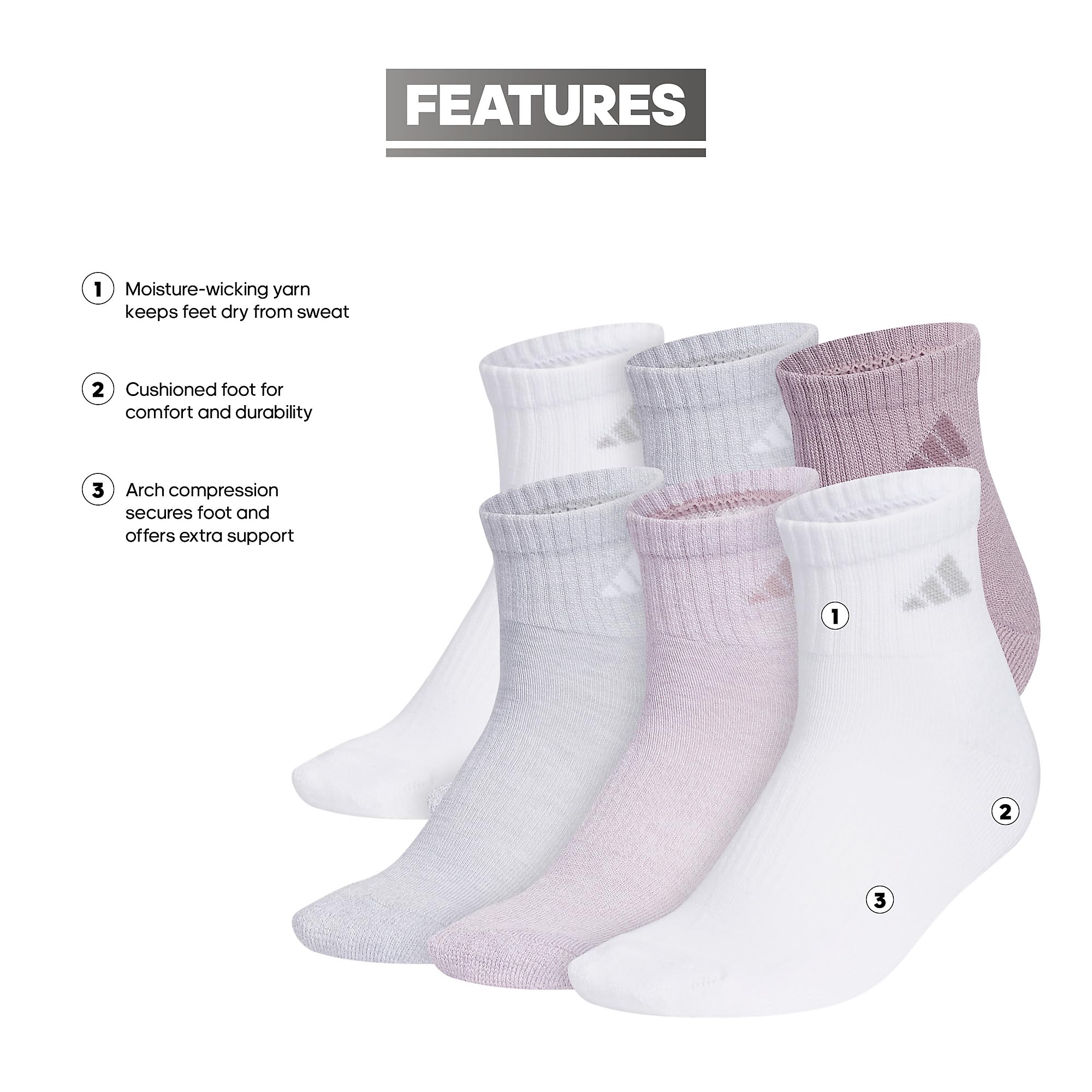 adidas Women's Ankle Socks, Athletic Cushioned Quarter Fit, 6-Pack, Durable, Comfortable, Cooling, with Compression, Preloved Fig Purple/Clear Onix Grey/White, M