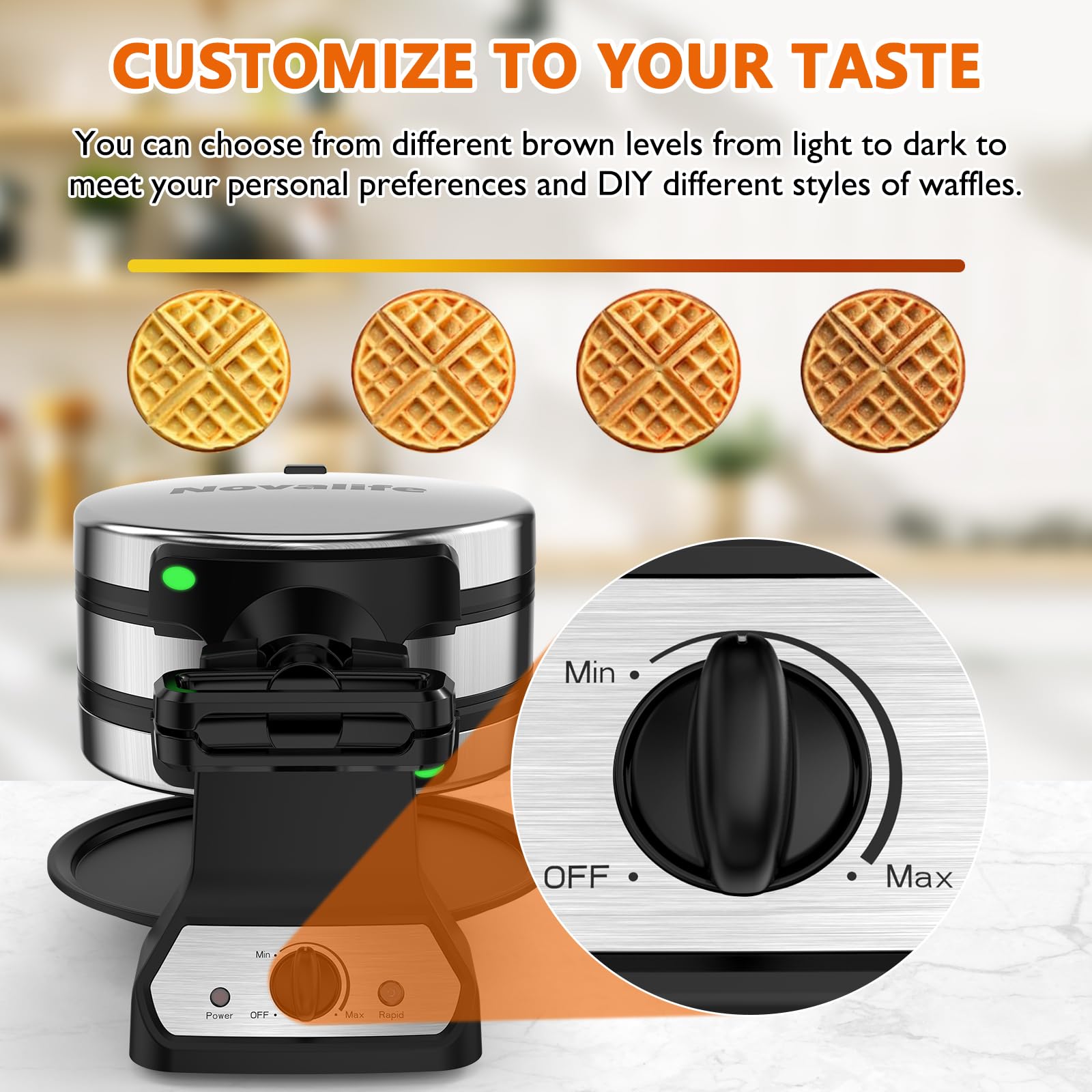 Waffle Maker, 1400W Belgian Waffle Maker, Double Waffle Iron 180° Flip, Rotating Nonstick Plates, Adjustable Browning Control, Locking Buckle & Cool Touch Handle, Removable Drip Tray, Stainless Steel