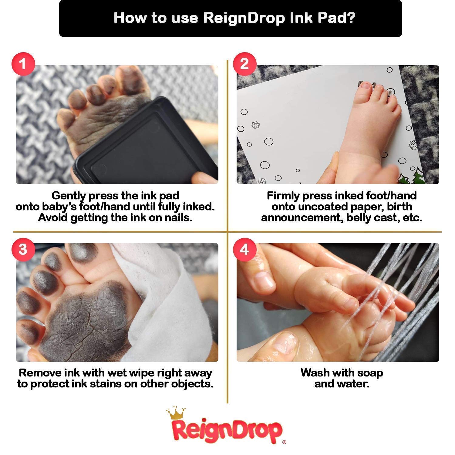 ReignDrop Ink Pad For Baby Footprint & Handprint - Creates Impressive Long Lasting Keepsake Stamp for Infant & Kids. Smudge Proof, Easy to Wipe Off Skin, Safe & Gentle Acid Free(Black)