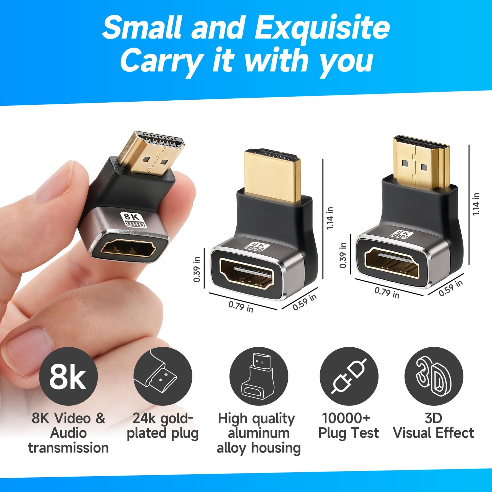 8K 90 Degree HDMI 2.1 Adapter 2 Pack, (Up and Down) Right Angle HDMI Male to Female HDMI L-Shaped Connector Extender Support 8K@60Hz,4K@120Hz for Google Chrome Cast, Roku Stick, Wall TV, Laptop and PC