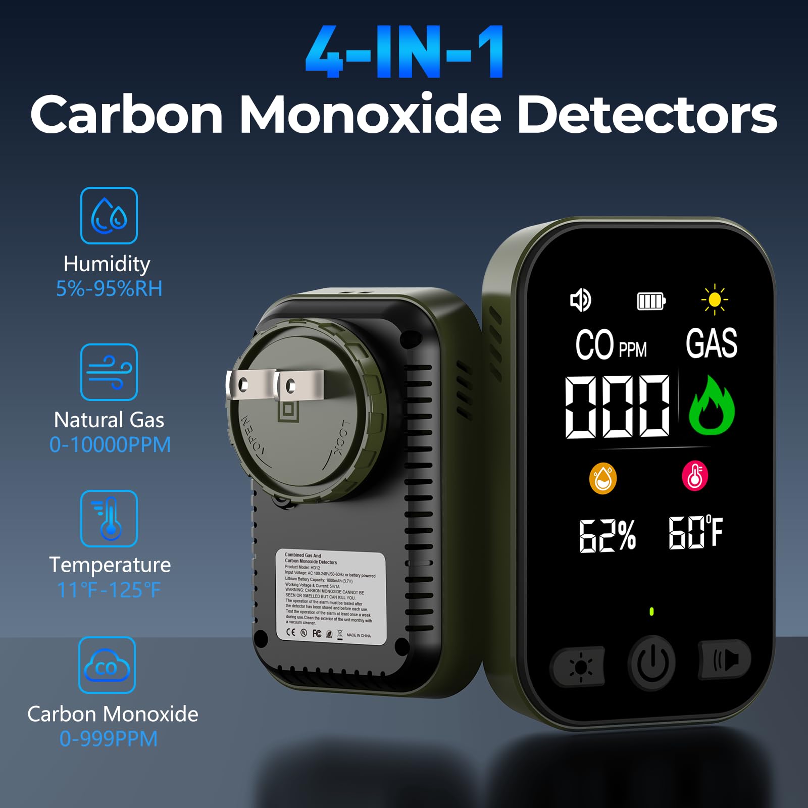CSCL Natural Gas Detector & Carbon Monoxide Detectors, 4-IN-1 Portable Carbon Monoxide Detector Plug in & Battery Backup with Temperature Humidity, CO Detector & Gas Leak Detector for Travel, Home, RV