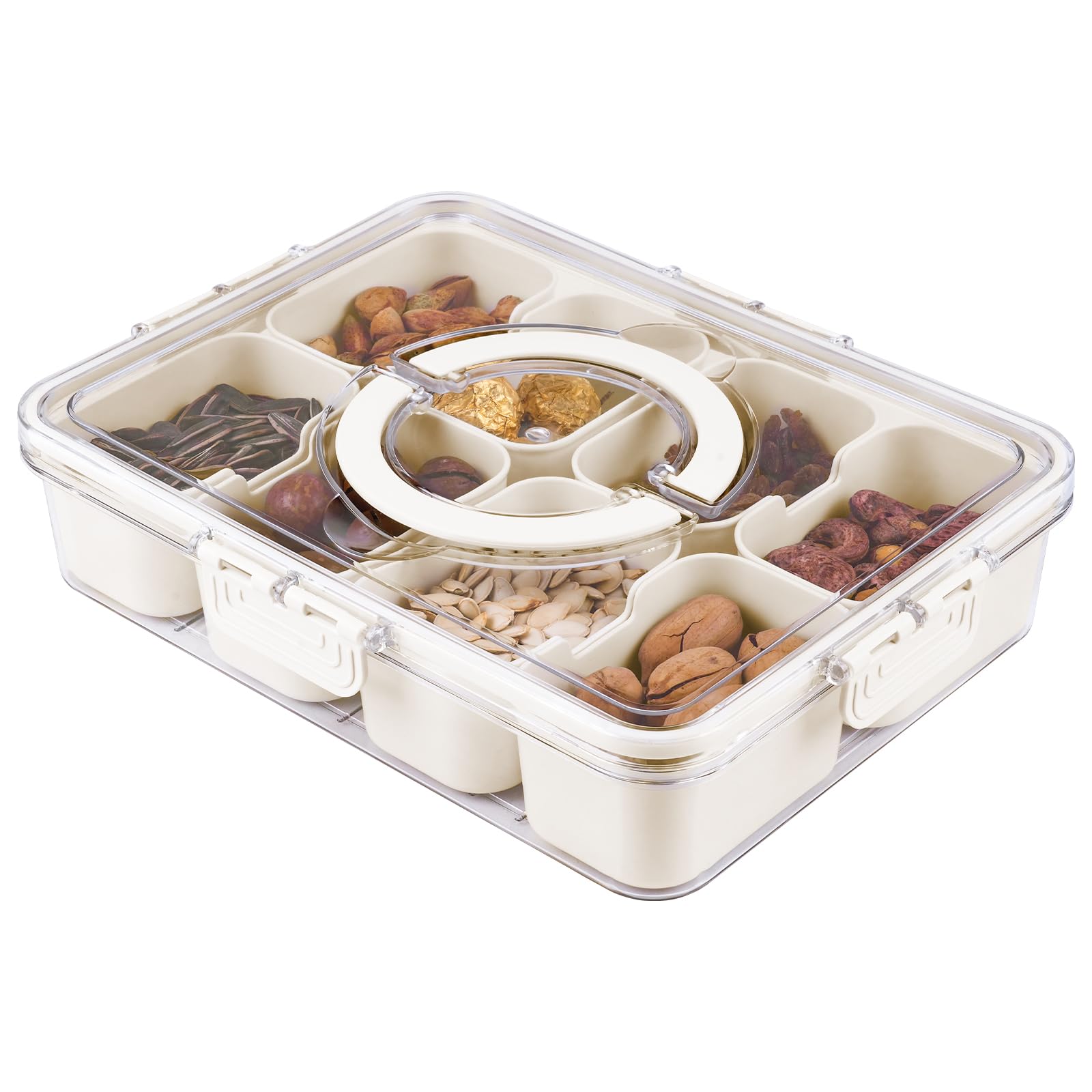 Divided Serving Tray with Lid & Handle - Portable Snackle Box Charcuterie Container for Snack Platters - 8 Compartments Snack Boxs for Candy, Fruits, Nuts - Perfect for Party, Entertaining(White)