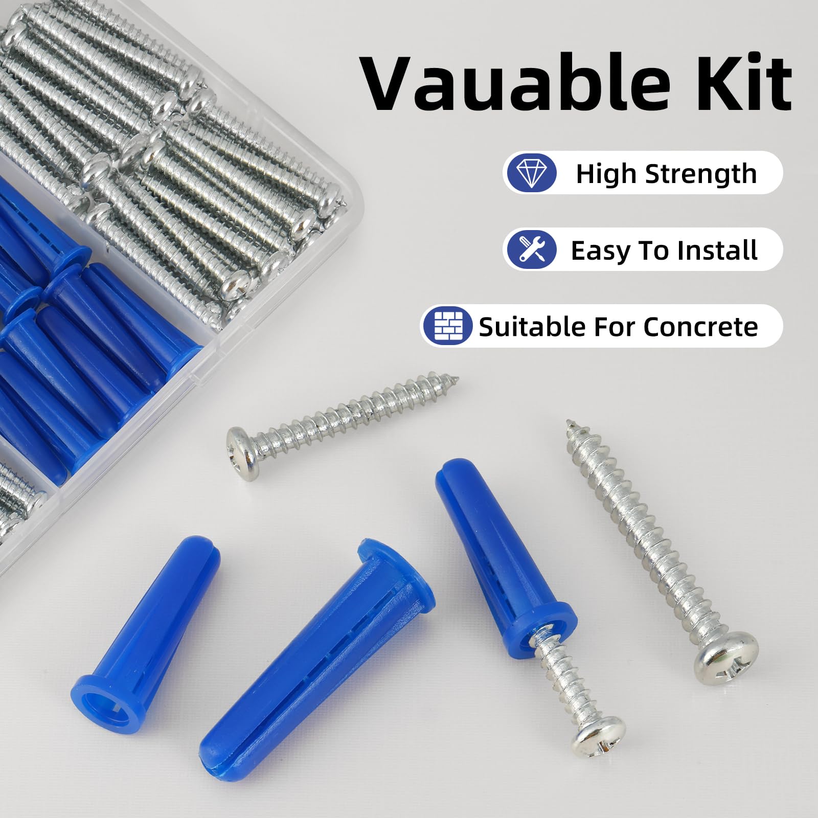 VGBUY 180PCS Conical Concrete Anchors and Screws Assortment Kit, 90PCS Concrete Wall Anchors, 90PCS Self Tapping Screws for Masonry Stucco Brick Cement Cinder Block Tile, with 2PCS Drill Bit