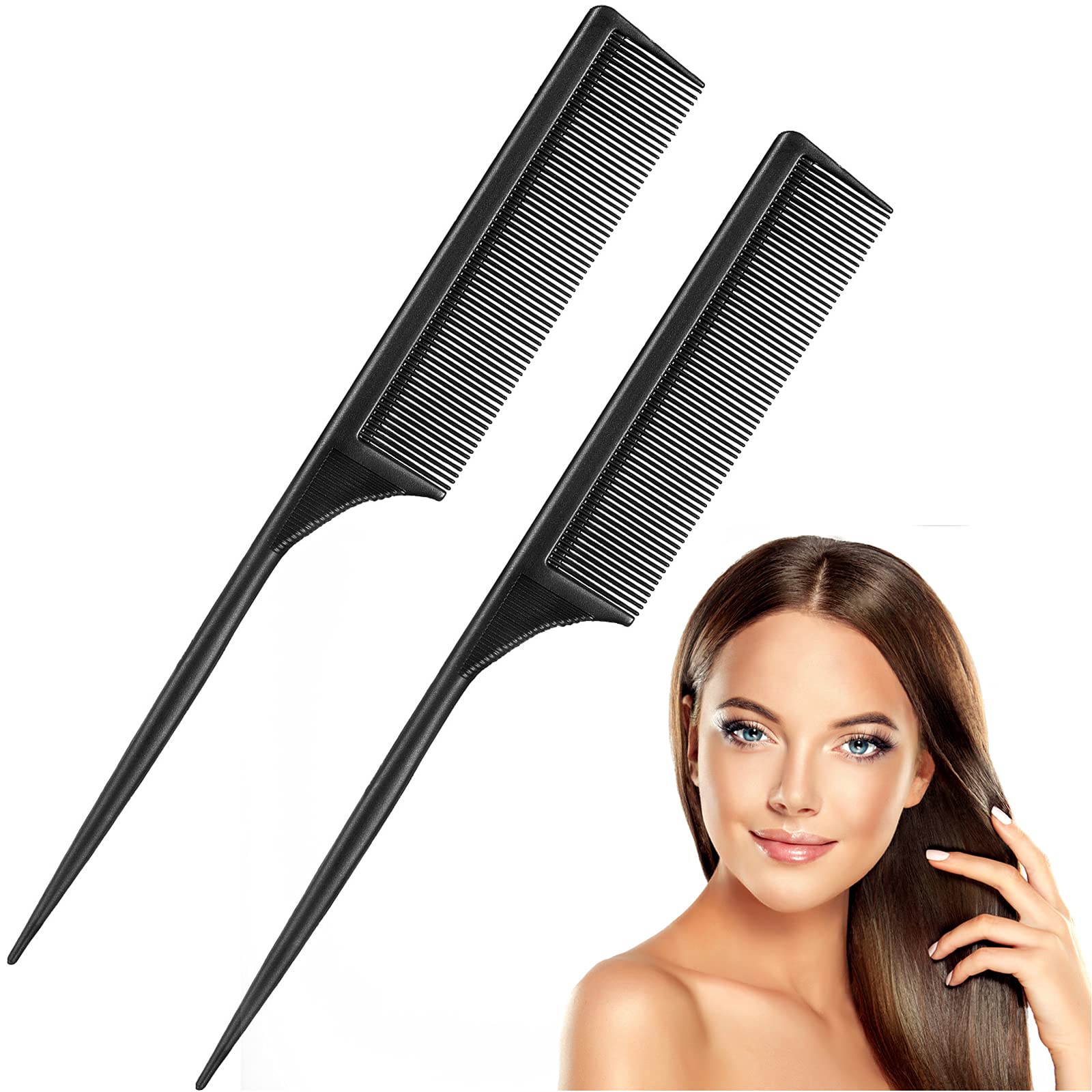 2 Pack Rat Tail Combs for Women Fine Tooth Comb Parting Tip Carbon Fiber Root Teasing Anti Static Heat Resistant Adding Volume Evening Hair Styling