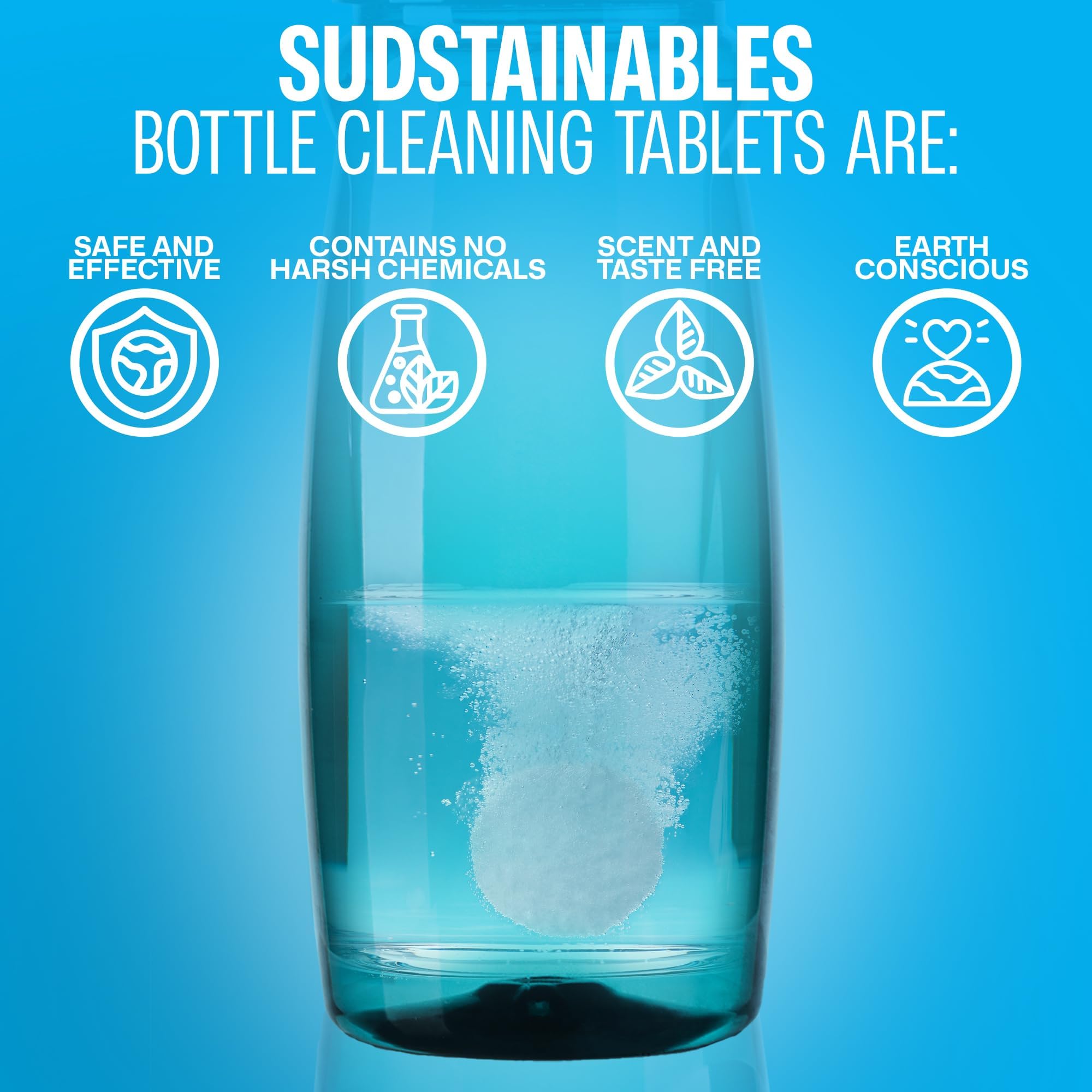 Sudstainables Water Bottle Cleaning Tablets – 36-Pack, Chlorine-Free and Odorless Cleaner for Hydration Bladders, Stainless Steel, Tumblers, and Glass Bottles - Removes Stubborn Stains and Odors