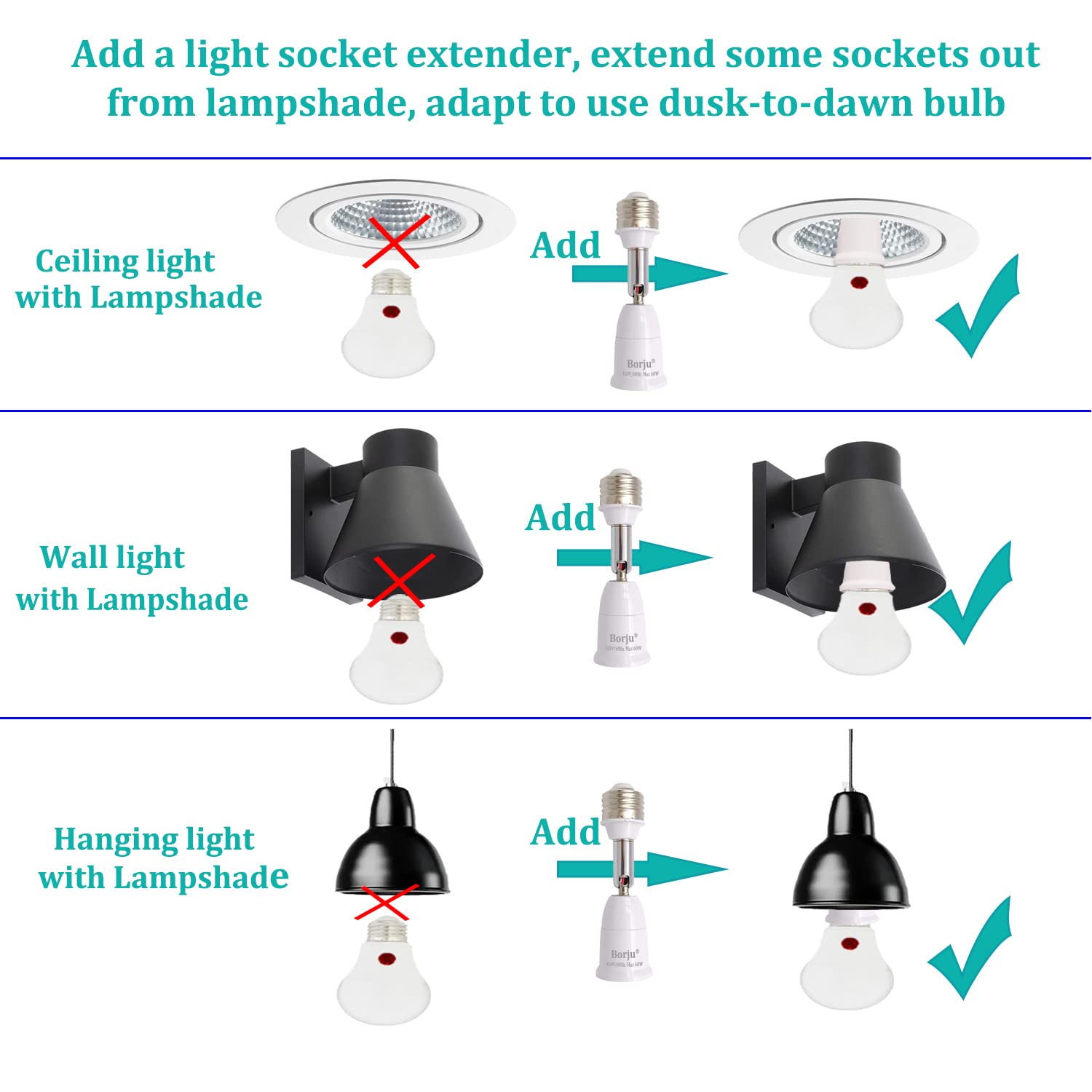 Borju Light Socket Extender [2-Pack], 4.5 Inch Extension, 360° Adjustable Socket, White