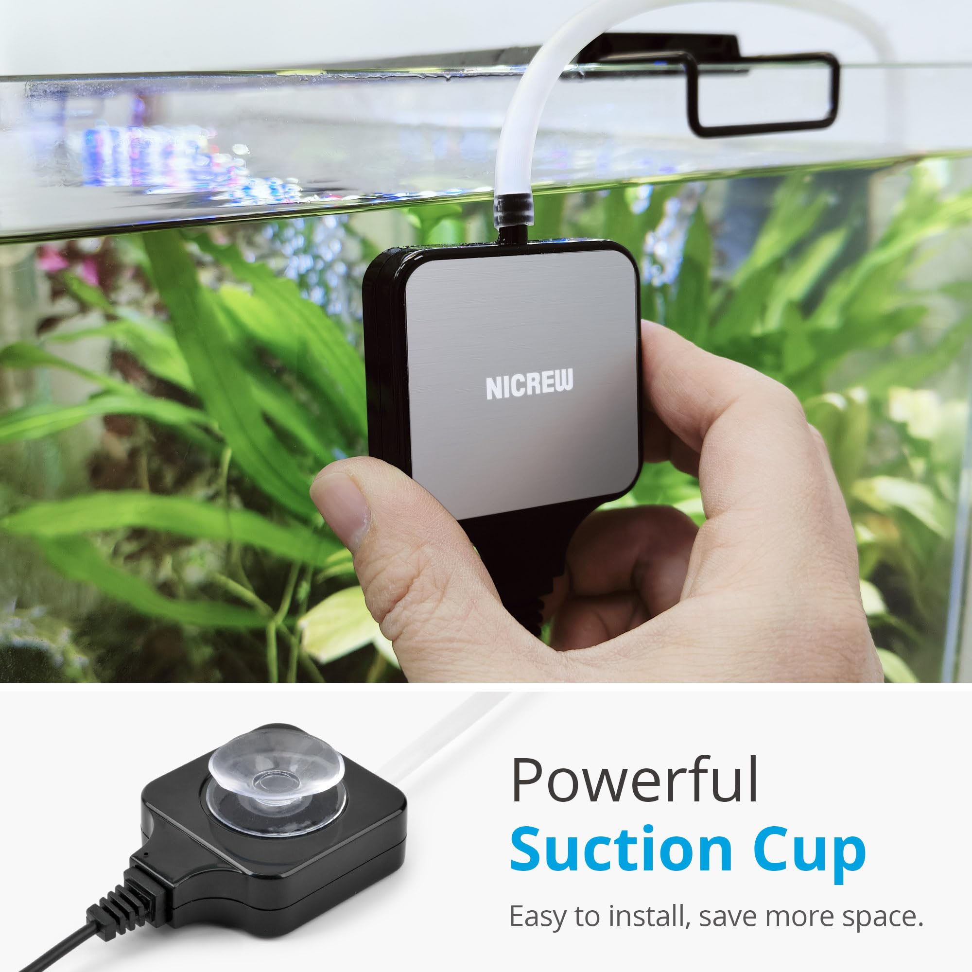 NICREW Nano Silent Aquarium Air Pump Black, Aquarium Aerator with Accessories for Up to 10 Gallon Fish Tank, Super Quiet, 0.3 L/min, 1.5 Watts