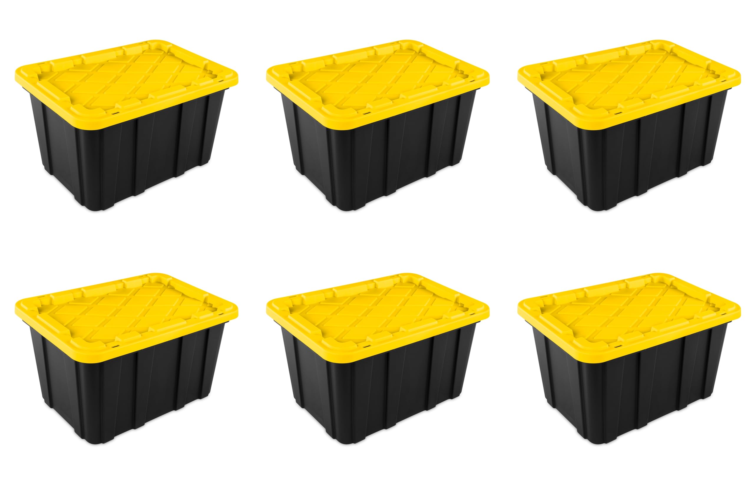 Sterilite 27 Gal Industrial Tote, Stackable Storage Bin with Snap-Fit Lid for Garage, Basement & Attic Storage, Black Base and Yellow Lily Lid, 6-Pack