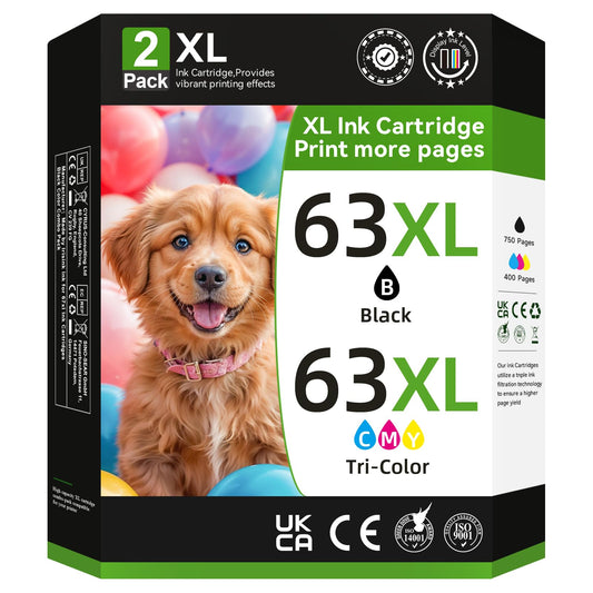 63XL Printer Ink for HP 63XL Ink Cartridges Combo Pack Black and Color Replacement for HP Ink 63 Fit for Officejet 3830 4650 5255 5258 Envy 4520 3634 Deskjet 1112 2132 3630 Printer (2 Pack)