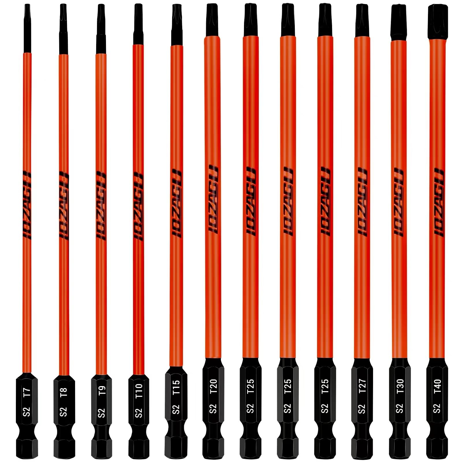 LOZAGU 12Pcs Long Torx Bit Set 6-Inch (152mm), T7 to T40, Magnetic Security Tamper Proof Star Bit Set,1/4 Inch Hex Shank | S2 Steel