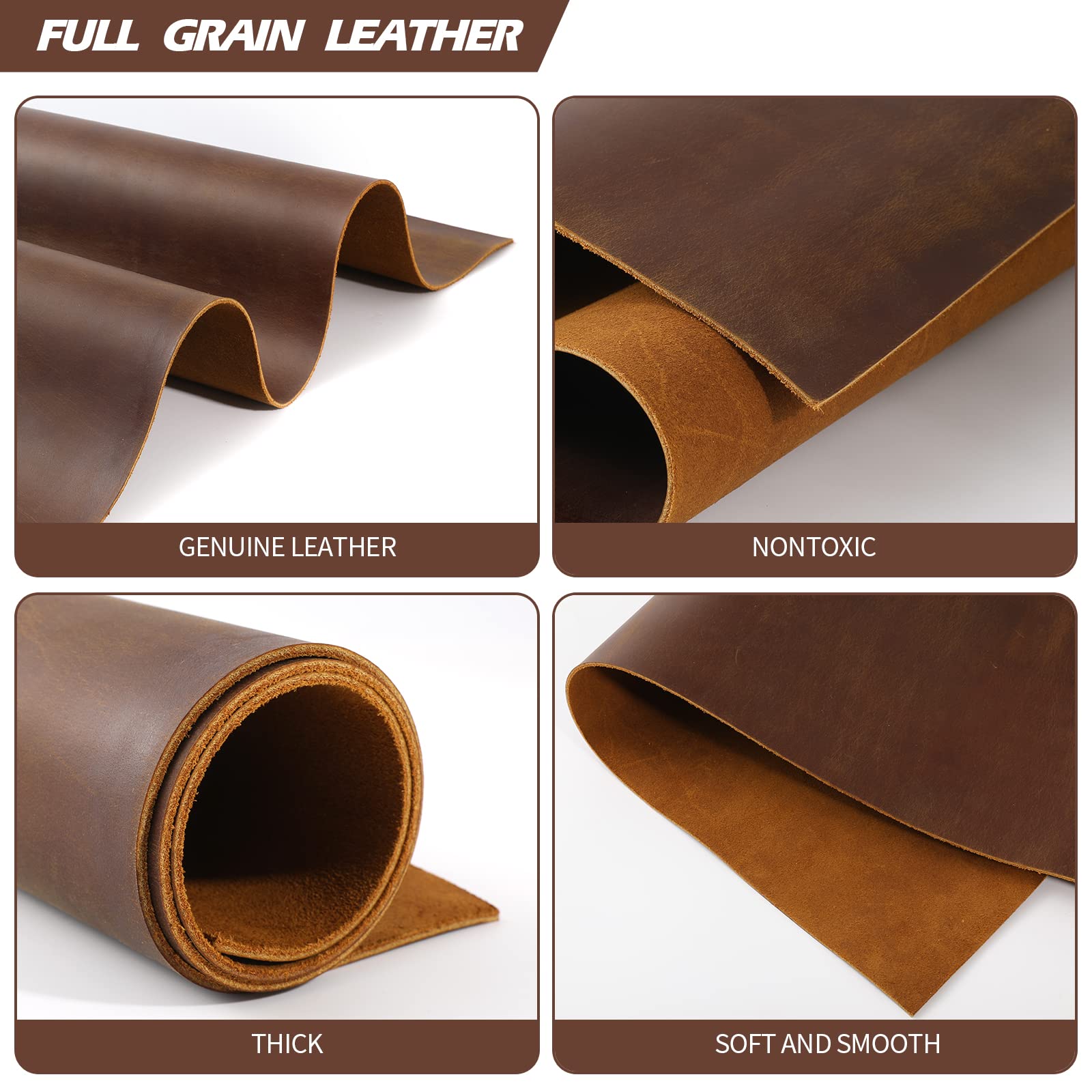 RingSun 12''X24'' Genuine Leather Sheets for Crafts Full Grain Leather Tooling Leather (2mm) Thick Cowhide Leather Pieces Square, Dark Brown