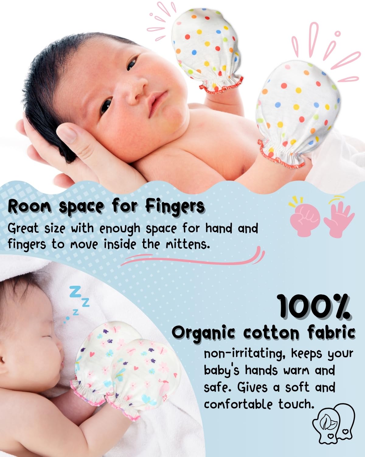 RATIVE Newborn Baby Cotton Gloves Sleep Sleeping No Scratch Mitten Mittens Mitts Set for 0-3 0-6 Months Boy Boys Girl Girls (6 Pairs/MB-67)
