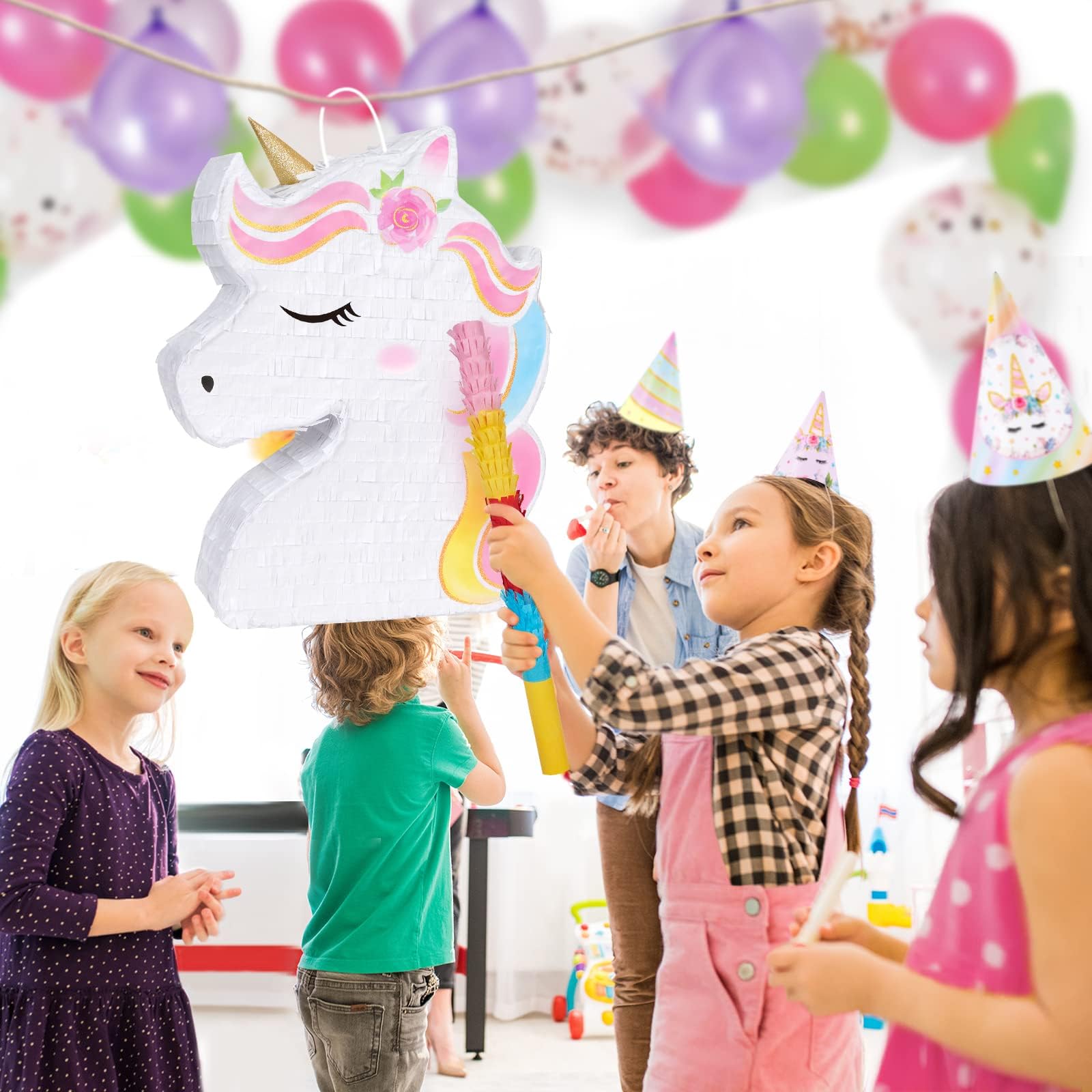 WERNNSAI Unicorn Piñata - Unicorn Party Supplies Piñata Bundle with Blindfold and Bat for Girls Kids Rainbow Unicorn Theme Birthday Party Game Decorations (15.7" x 12.2" x 3.1")