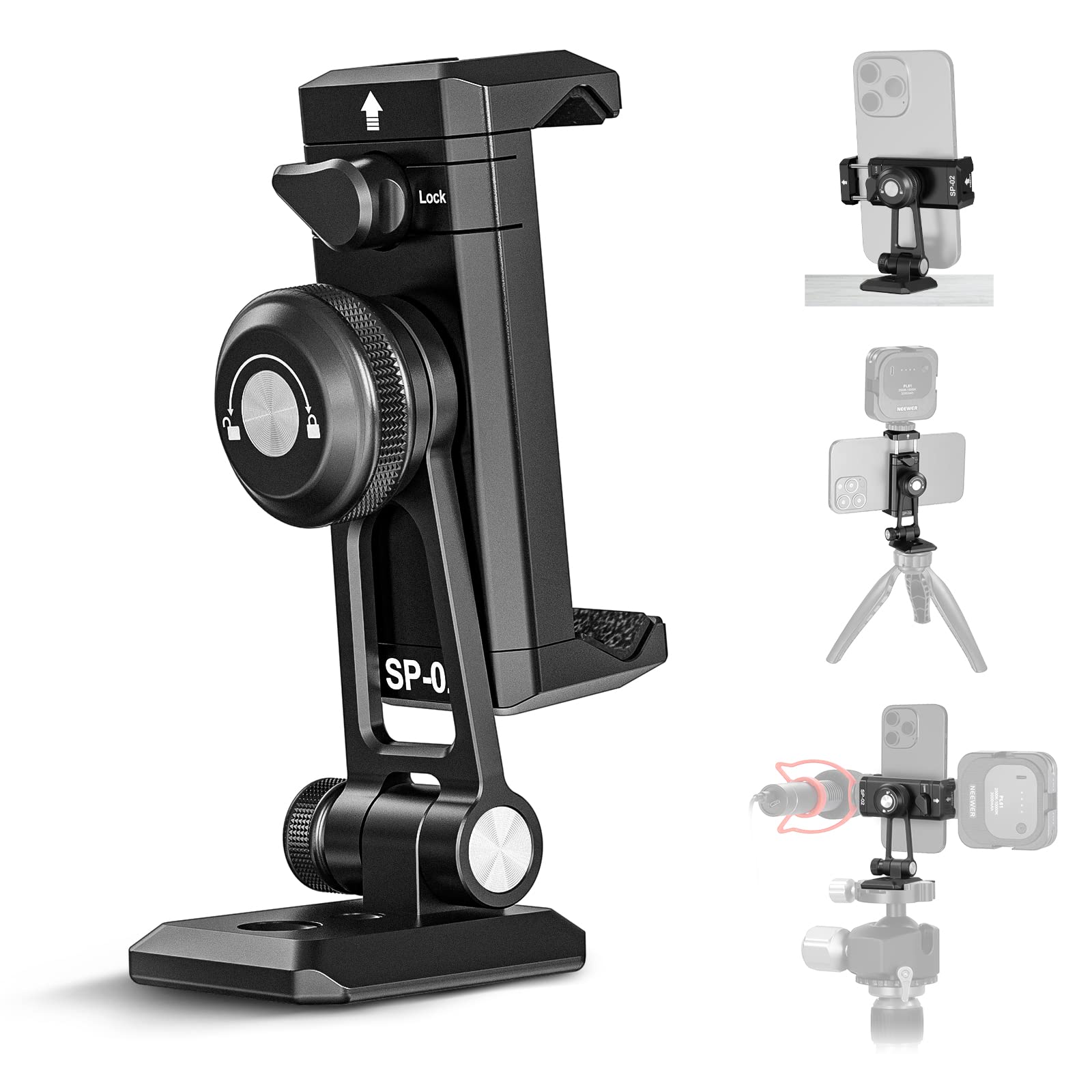 NEEWER Metal Phone Tripod Mount Adapter with Arca QR Base, Cold Shoe, 360 degrees Swivel 180 degrees Tilt, Phone Holder Compatible with iPhone 15 Pro Max Galaxy S24