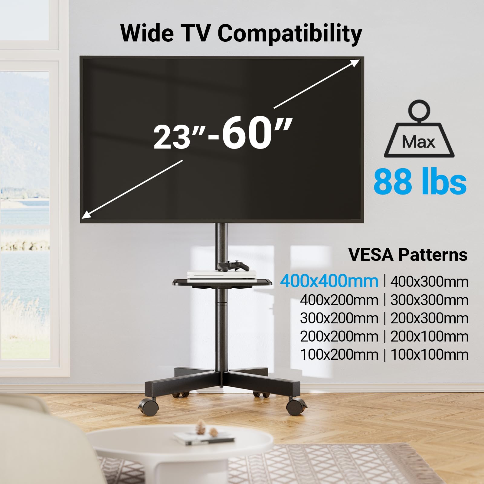 PERLESMITH Mobile TV Stand for 23-60 Inch LCD LED Flat/Curved Screen TVs, Tilt TV Cart Holds up to 88Lbs, Portable TV Stand with Laptop Shelf, Rolling TV Floor Stand Max VESA 400x400mm (PSTVMC06)