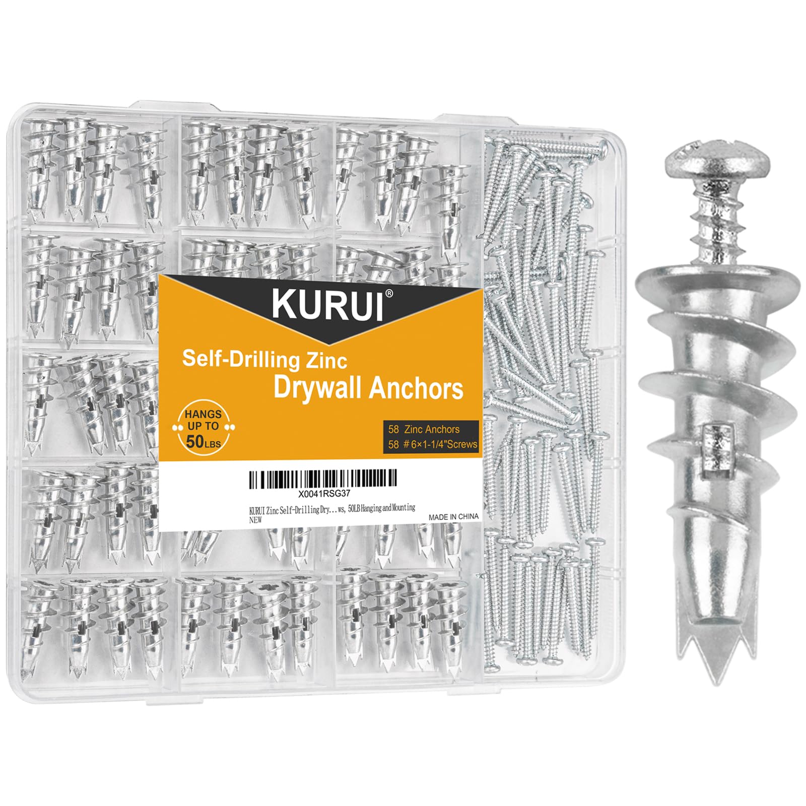 KURUI Metal Self Drilling Drywall Anchors, 116PCs Hollow Zinc Wall Anchors and Screws Kit, 58 Heavy Duty Sheetrock Anchors + 58#6 x 1-1/4'' Screws, 50LB Hanging and Mounting