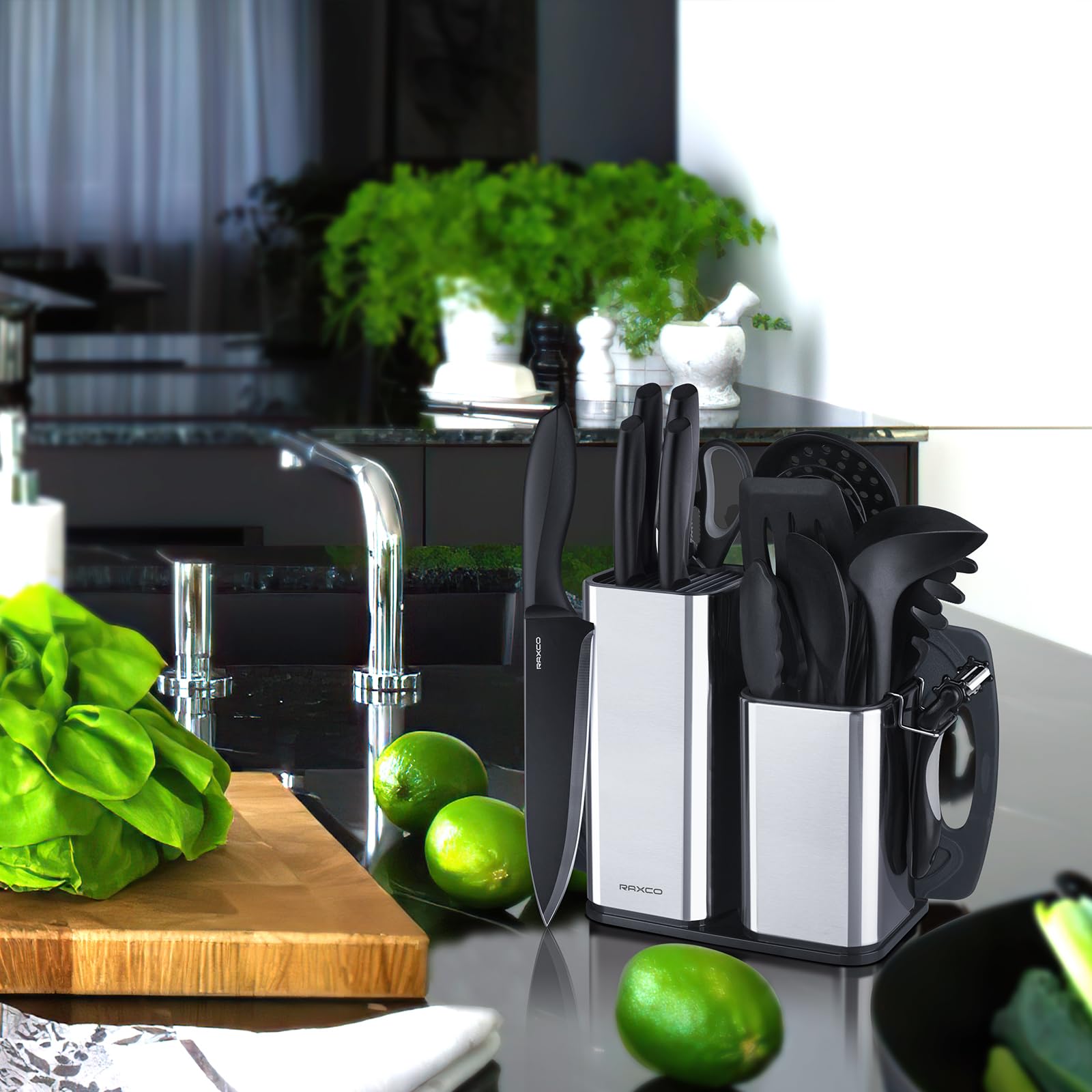 RAXCO Kitchen Utensils Set,18-Piece Cooking Tools and Sharp Knives,Stainless Steel Holder and Cutting Board