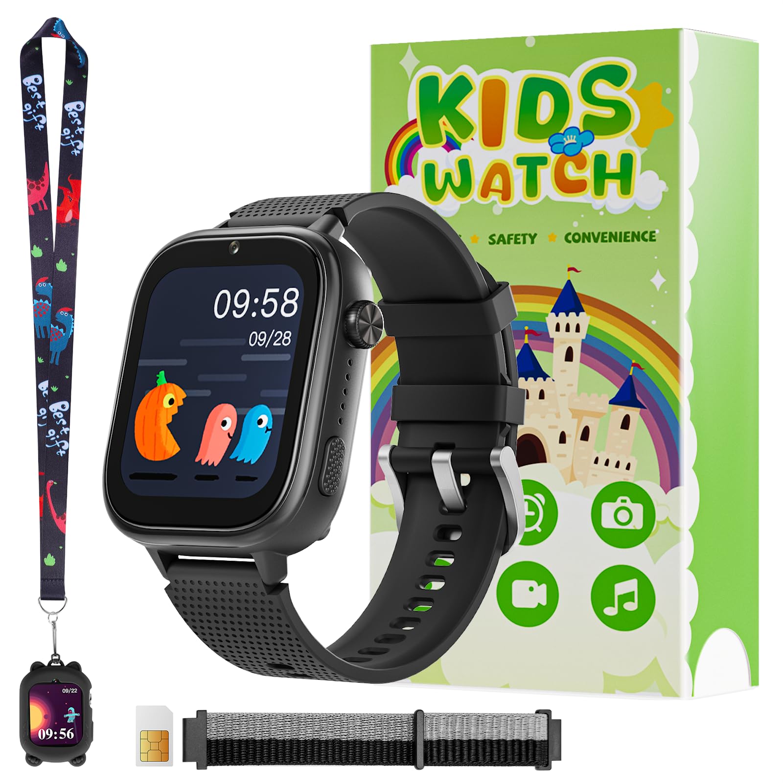 OKYUK 4G Kids Watch, Smart Watch for Kids with SIM Card, 47 Exciting Games, Two-Way Calling Feature, SOS Emergency Call Button Ideal for Kids Aged 3-12, ChildrenÃ¢ÂÂs Cell Phone Alternative (Black)