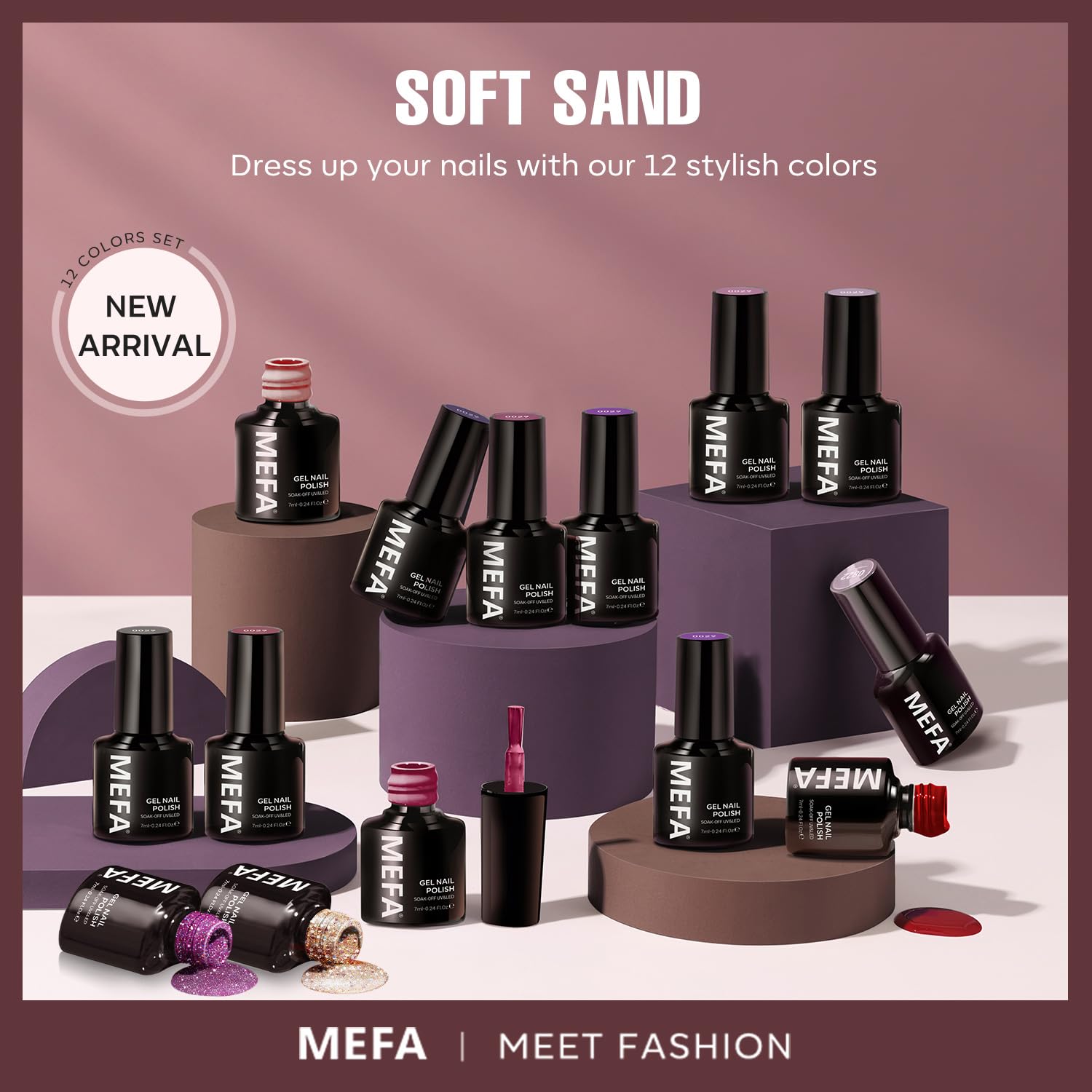 MEFA Fall Gel Nail Polish Set, 12 Colors Burgundy Red Nail Polish Set Champagne Gold Glitter Nail Polish Gel Soak Off Dark Red Purple Shimmer Nude Brown Manicure Gifts for Women Girl DIY Salon Home