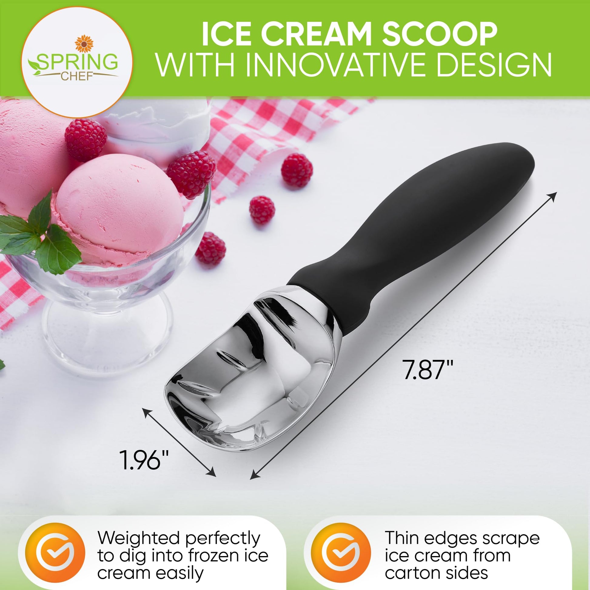 Spring Chef Heavy Duty Ice Cream Scoop with Comfortable Handle - Professional Ice Cream Scooper for Gelato, Sorbet, Cookie Dough, Melon, Frozen Yogurt - Dishwasher Safe Metal Kitchen Tool - Black