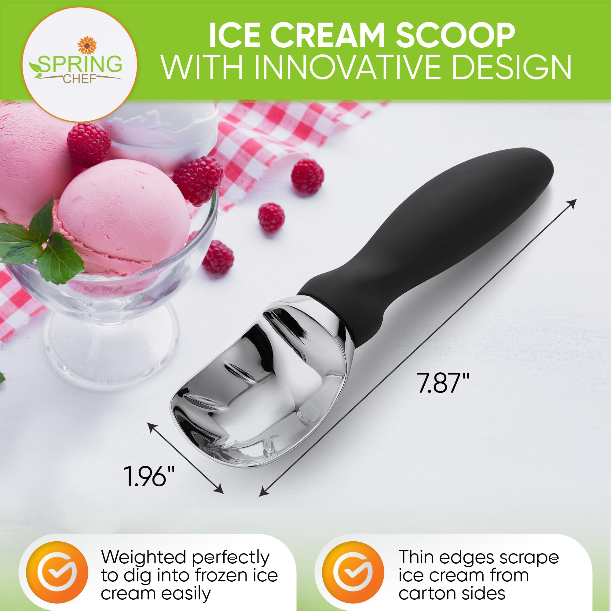 Spring Chef Heavy Duty Ice Cream Scoop with Comfortable Handle - Professional Ice Cream Scooper for Gelato, Sorbet, Cookie Dough, Melon, Frozen Yogurt - Dishwasher Safe Metal Kitchen Tool - Black